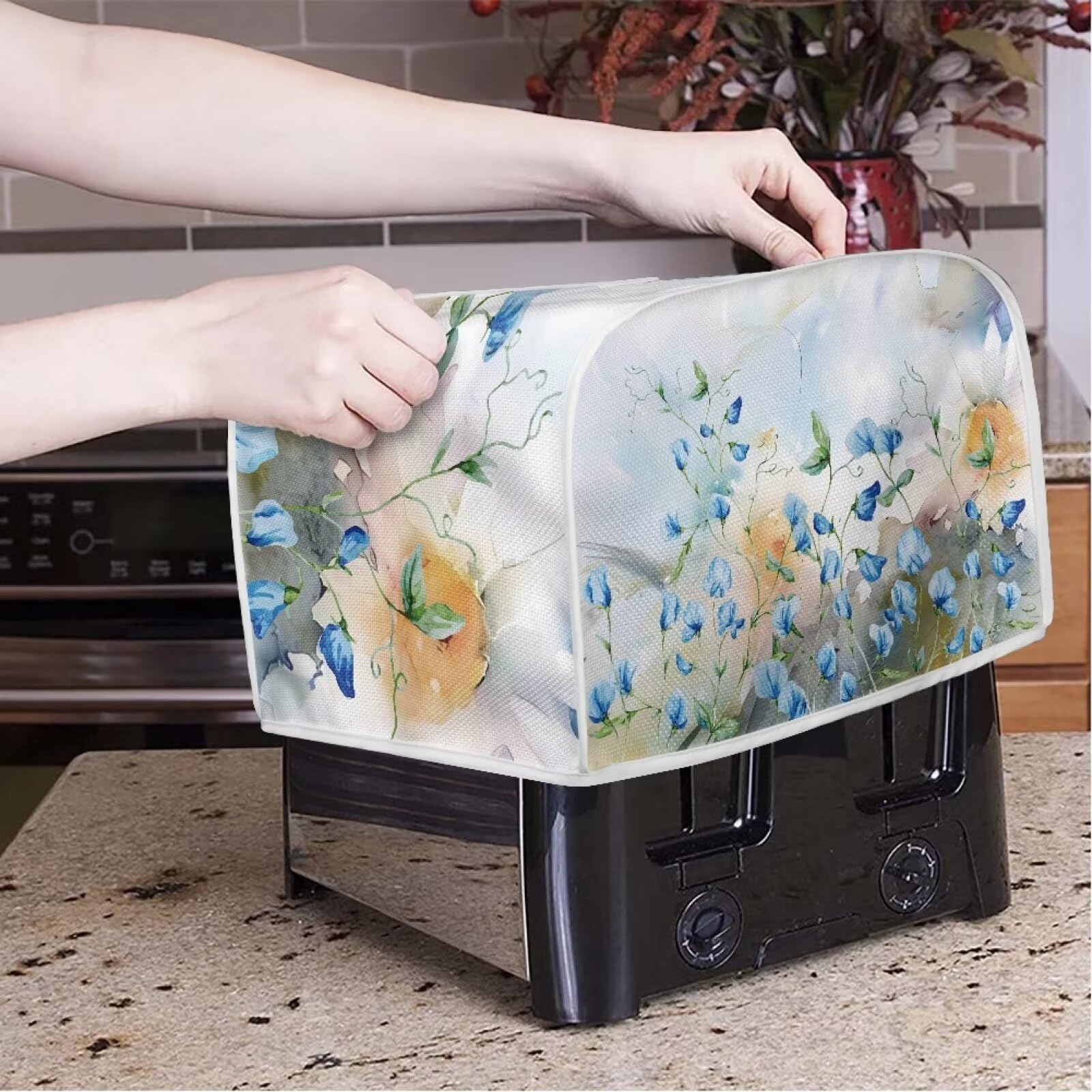 ZDCUSTOM Blue Flower 4-Slice Toaster Cover - Stain Resistant & Washable Small Appliance Cover for Kitchen, Bread Maker, Coffee Machine - Perfect for Home, Office, or Restaurant Use