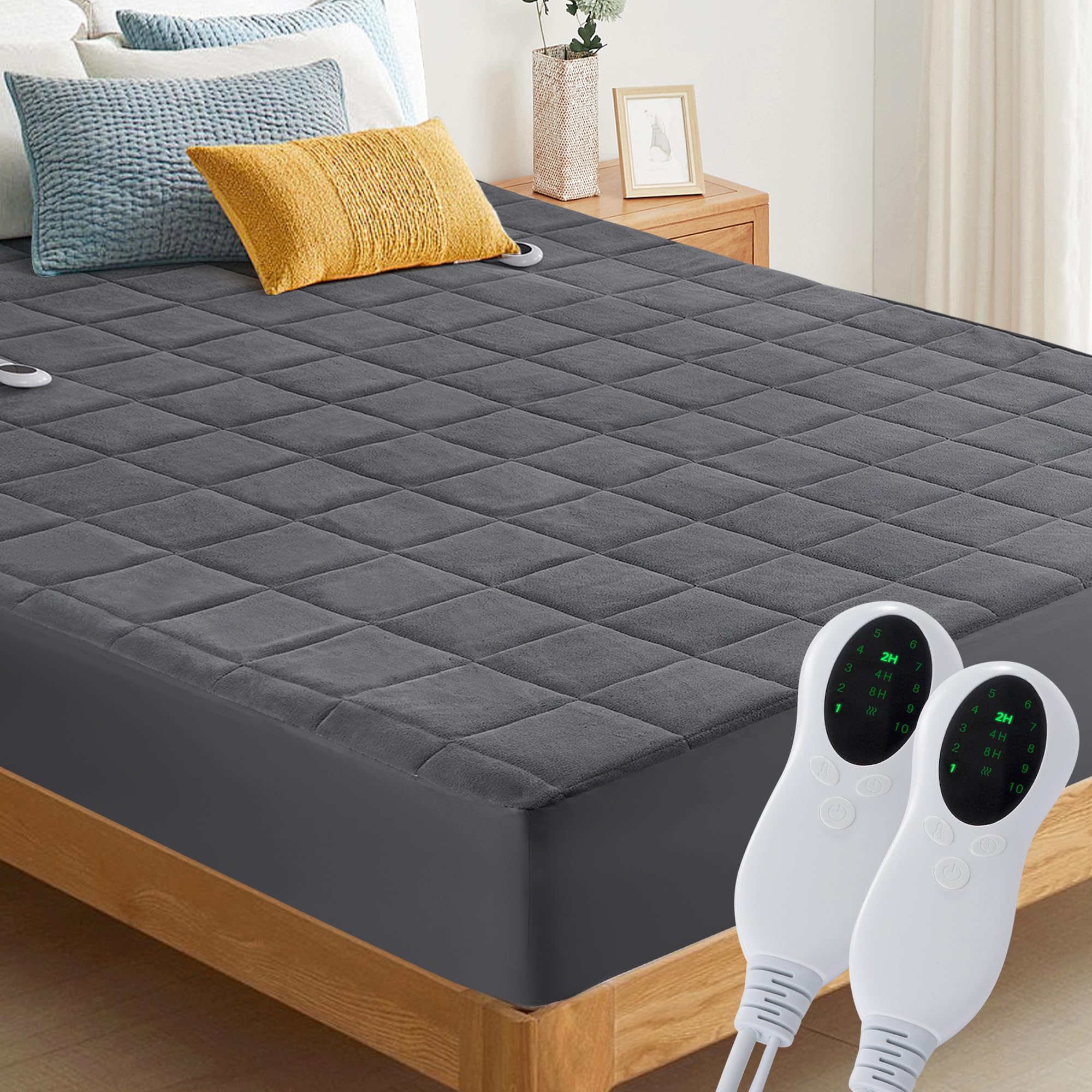 Electric Heated Mattress Pad King Size - Coral Fleece Electric Bed Warmer with 10 Heat Settings & Auto Off (2/4/8 Hours) | Fits Up to 18