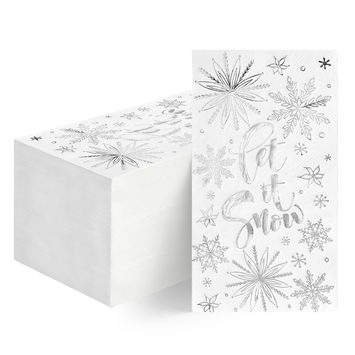 Horaldaily 100 Christmas Disposable Paper Napkins - Let It Snow White with Silver Foil - Decorative Guest Hand Towels for Holiday Parties, Lunches, Dinners, Kitchen & Bathroom - Perfect for Christmas Gatherings, Office Celebrations and Festive Home Decor