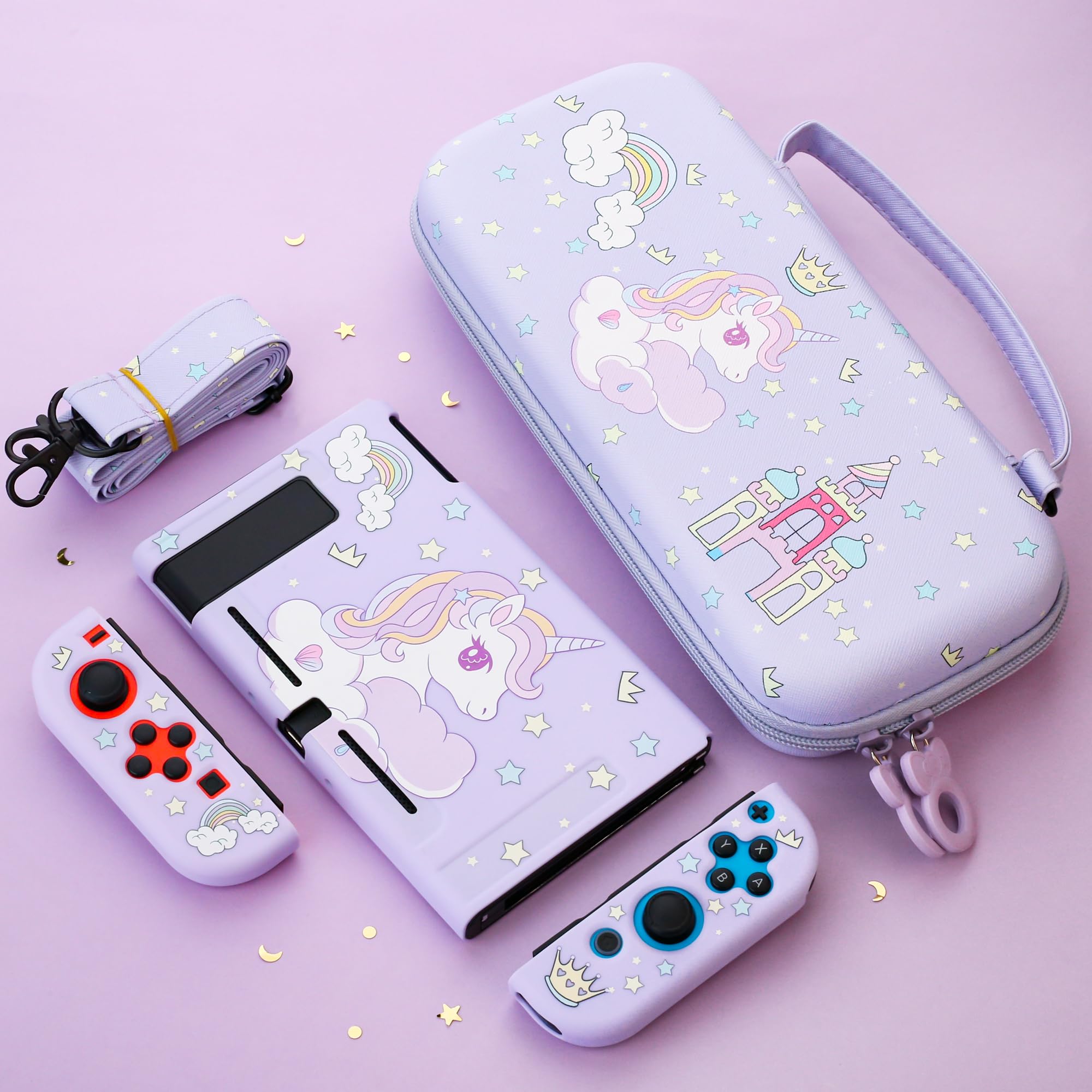 **RHOTALL Nintendo Switch Carrying Case Set - Purple Protective Storage Case with Screen Protector, Adjustable Shoulder Strap & 2 Thumb Caps - Perfect for Travel, Gaming On-The-Go & Switch Accessories Organization**