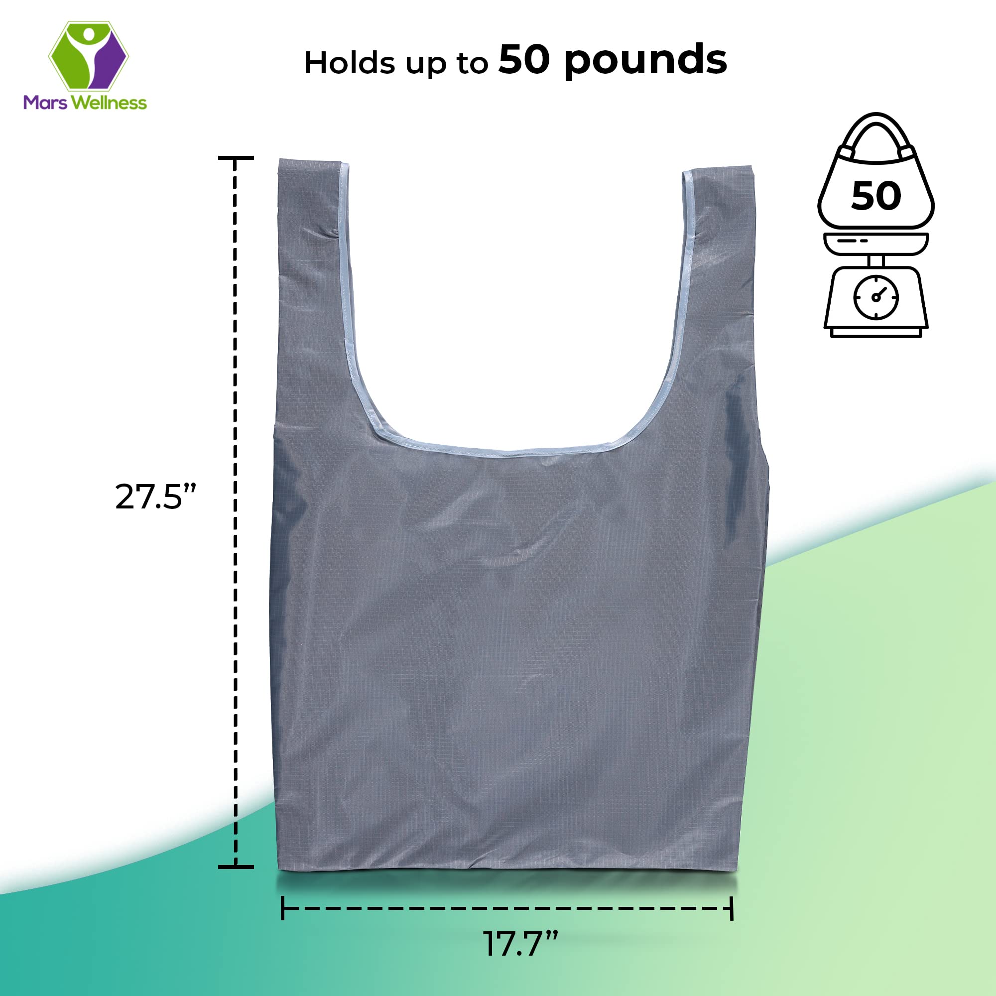 Eco-Friendly MARS WELLNESS Reusable Shopping Bags (17.7” x 27.5”) - Heavy Duty Washable Grocery Tote Bags Holds 50 lbs - Durable Polyester Reusable Bags for Groceries, Farmers Market & Beach Trips