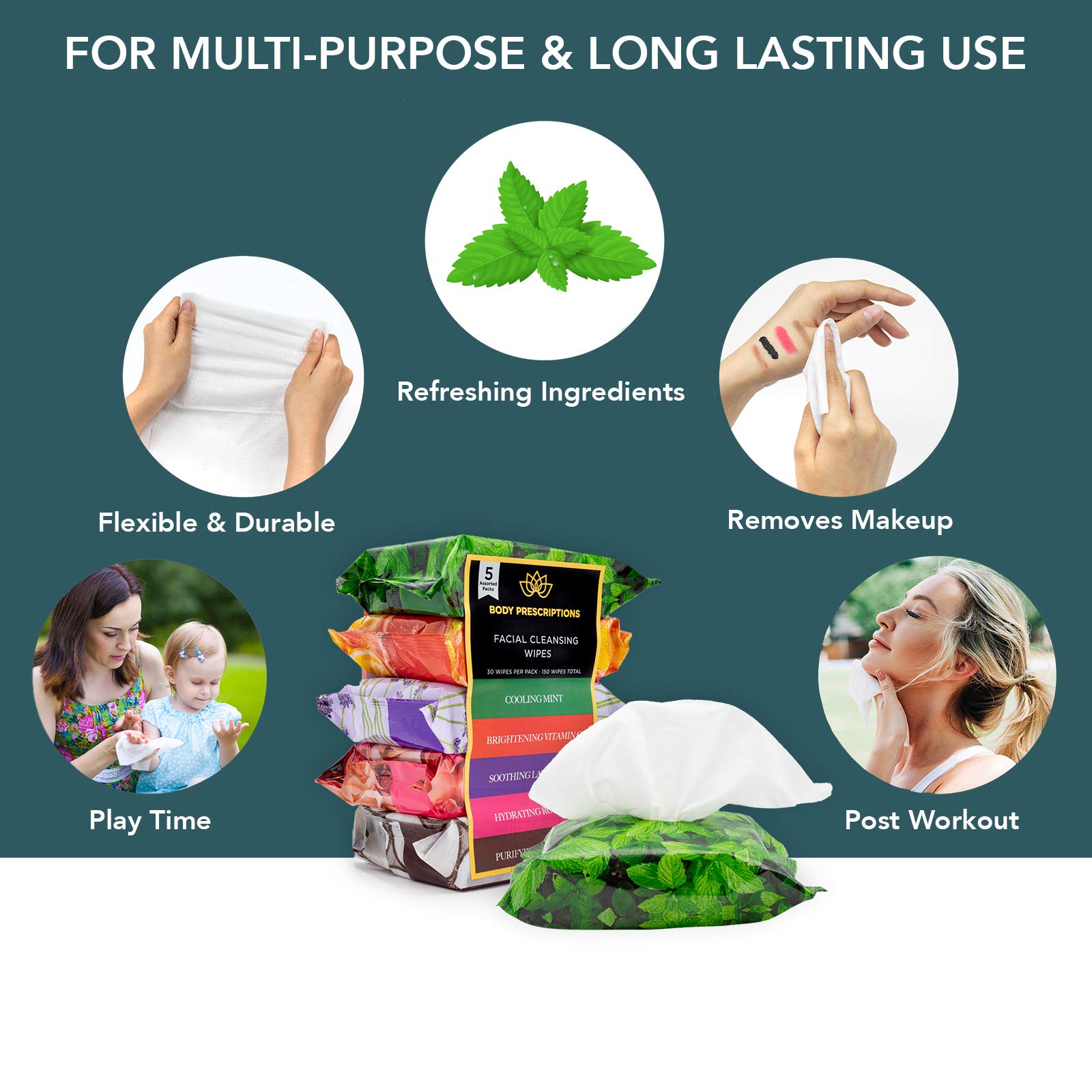 Body Prescriptions Makeup Remover Wipes - Bulk Pack of 120 | Gentle Cleansing Facial Wipes with Mint, Rosehip, Vitamin C, Lavender & Coconut | Perfect for Travel, Gym & Daily Makeup Removal