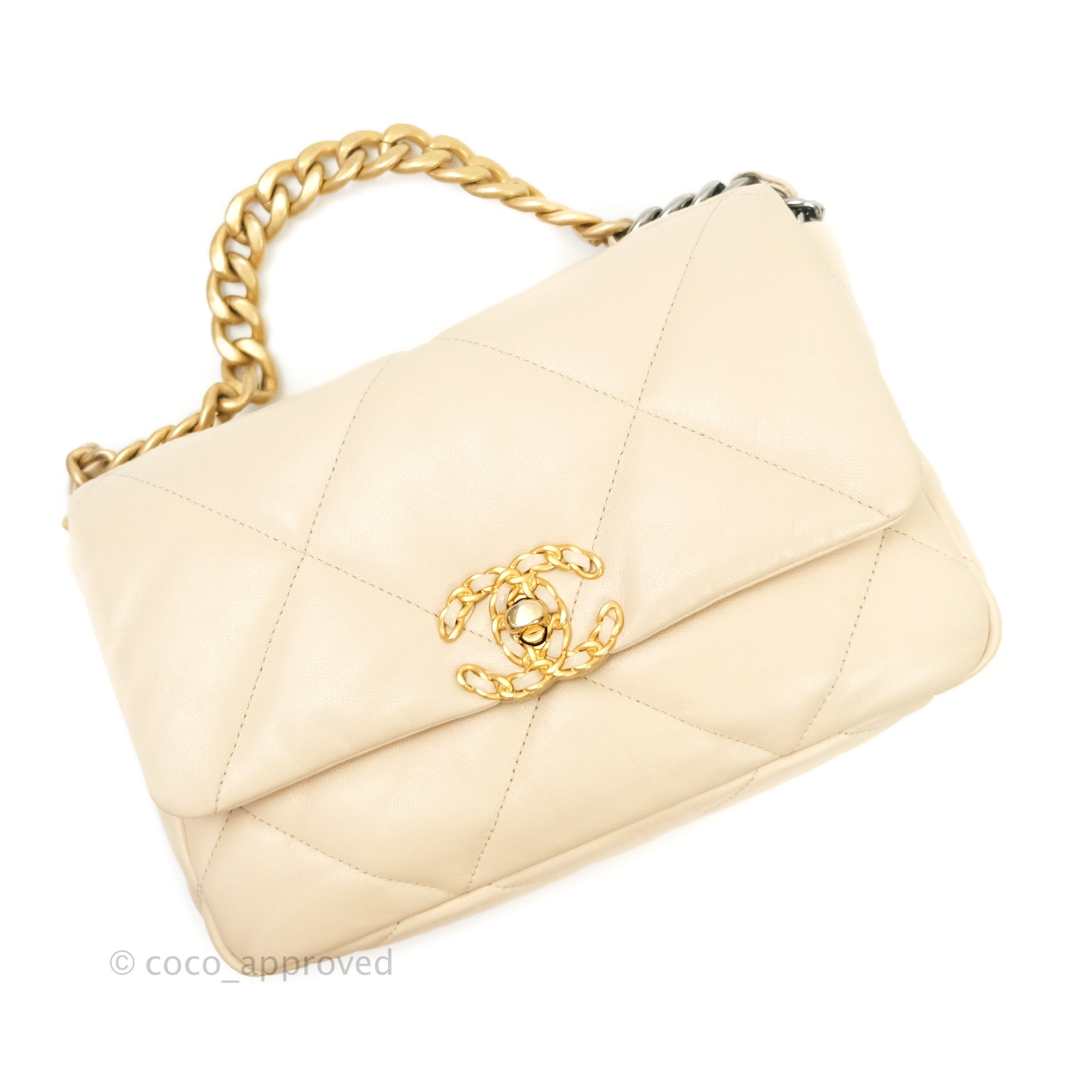 Chanel 19 Small Beige Goatskin Leather Bag with Mixed Gold & Silver Hardware - Luxury Crossbody Purse for Women, Perfect for Date Night & Special Occasions