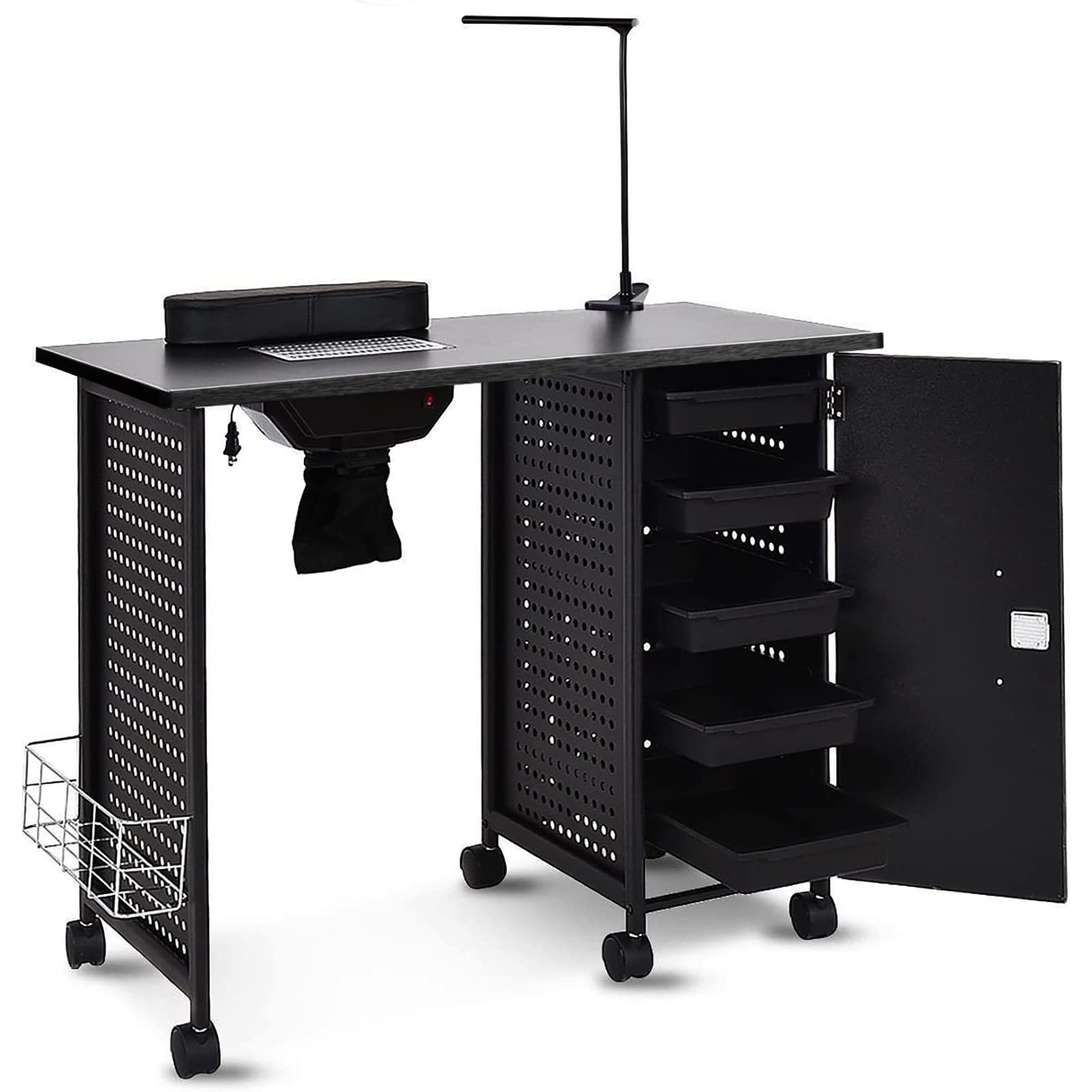 WELLHUT Professional Mobile Manicure Table - Steel Frame Nail Salon Spa Station with LED Lamps, 5 Lockable Drawers & Storage Shelf | Perfect for Nail Technicians, Beauty Salons & Home Spa Use