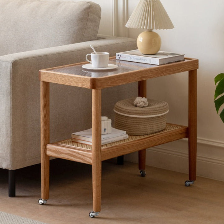Solid Oak Wood Japanese Style Glass Rattan Rocking Side Table - Portable End Table for Living Room, Bedroom, or Outdoor Patio Decor