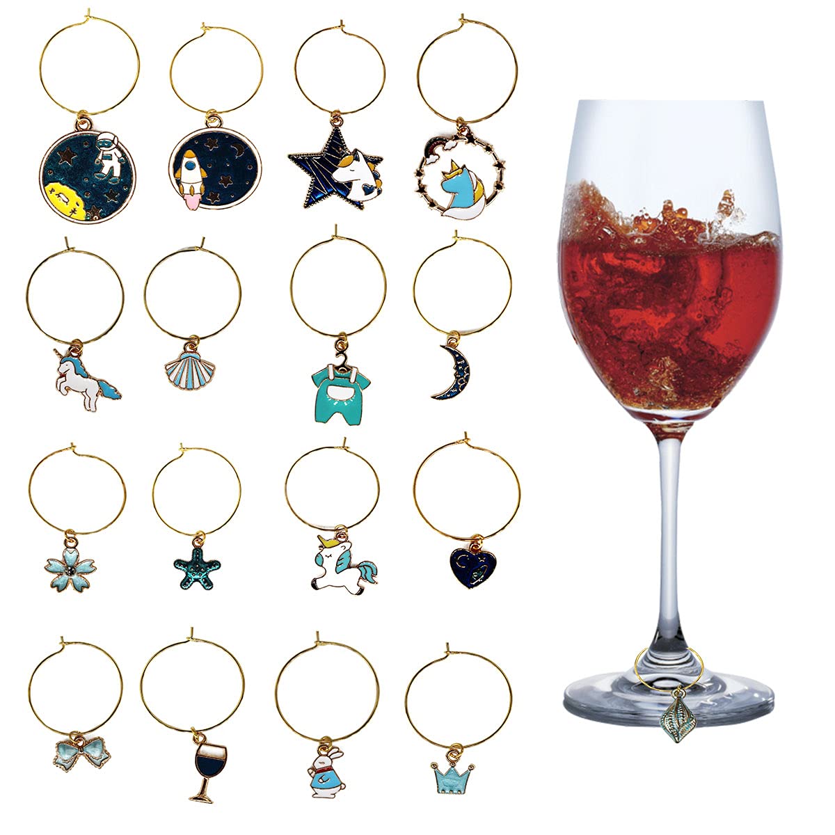 14 Pack Wine Glass Charms - Unique Drink Markers & Identification Tags for Parties, Weddings, Cocktail Events & Family Gatherings - Perfect for Wine, Champagne, Martini & Cocktail Glasses