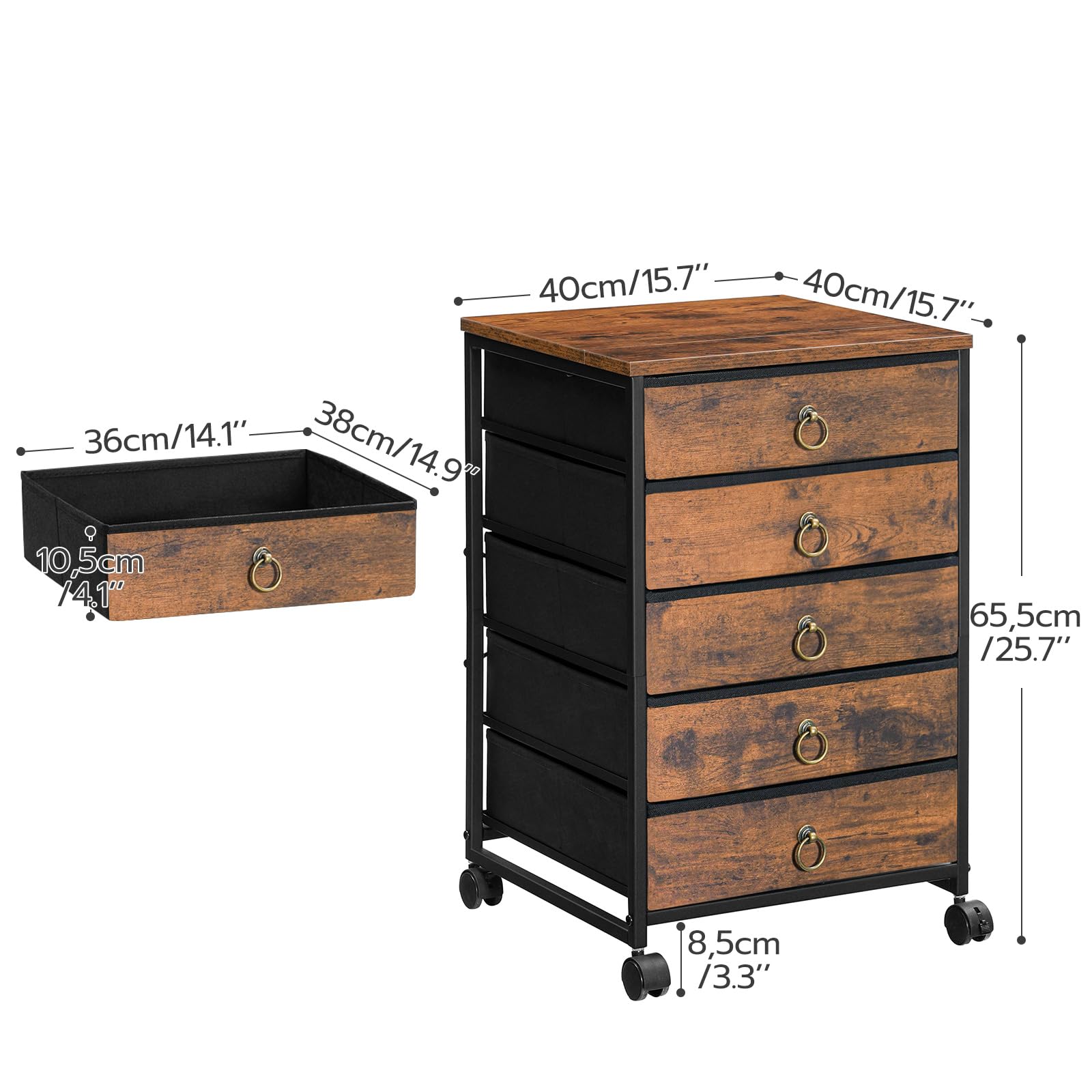 HOOBRO 5-Drawer Chest - Rustic Brown File Cabinet with Wheels, Office Storage Organizer, Rolling Printer Stand for Home & Workspace - Easy Assembly Nonwoven Drawers - Perfect for Living Room, Bedroom & Home Office Organization (Model BF50WJ01)