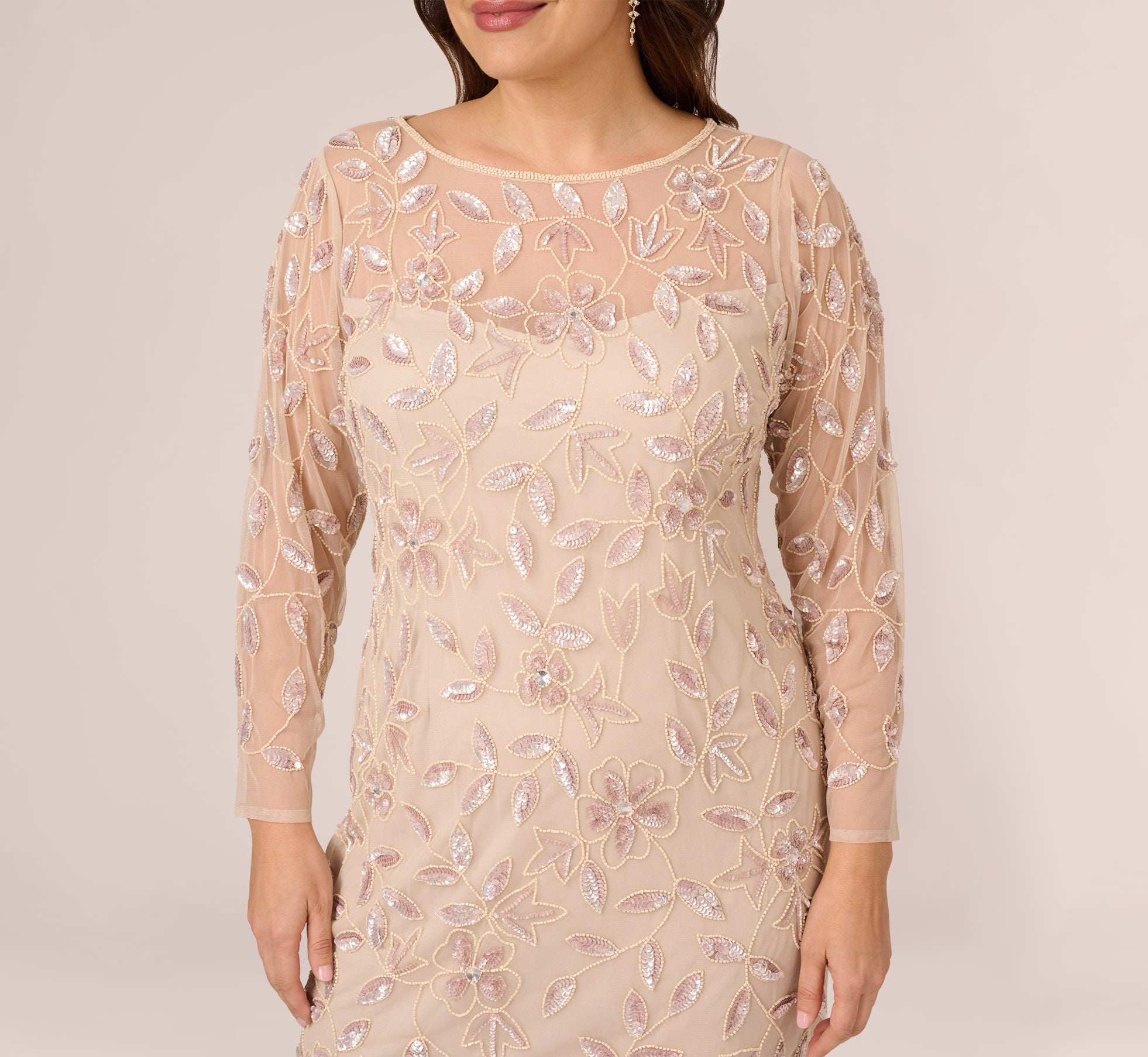 Elegant Plus Size Illusion Floral Beaded Gown with Sheer Long Sleeves in Latte - Perfect for Evening Galas, Weddings & Special Occasions