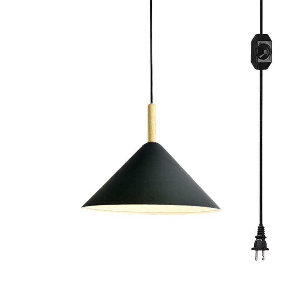 ANYE Black Cone Shade Pendant Light with 20ft Plug-in Cord & UL Dimmer Switch - Wooden Handle Nordic Minimalist Lighting Fixture for Restaurant, Dining Room, Cafe, Bedroom - Bulb Not Included (Perfect for Modern Home Decor & Commercial Spaces)