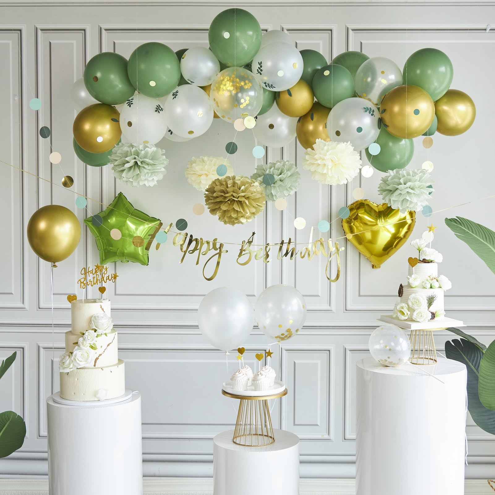 Sage Green and Gold Birthday Party Decorations - Happy Birthday Banner, Balloons, Tissue Pom Poms, Confetti Dots for Safari Theme Baby Shower, Birthday Party Supplies | Perfect for Jungle-Themed Celebrations, Gender Reveals, and First Birthday Parties