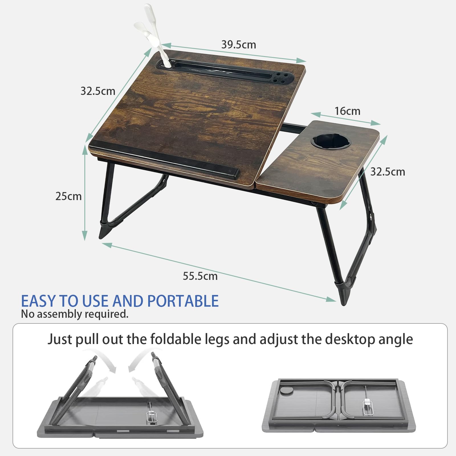 Adjustable Laptop Desk for Bed - 5 Angle Portable Lap Stand with USB Charger & Cup Holder - Rustic Brown Laptop Tray for Working, Writing, Gaming & Watching Movies in Bed or Sofa