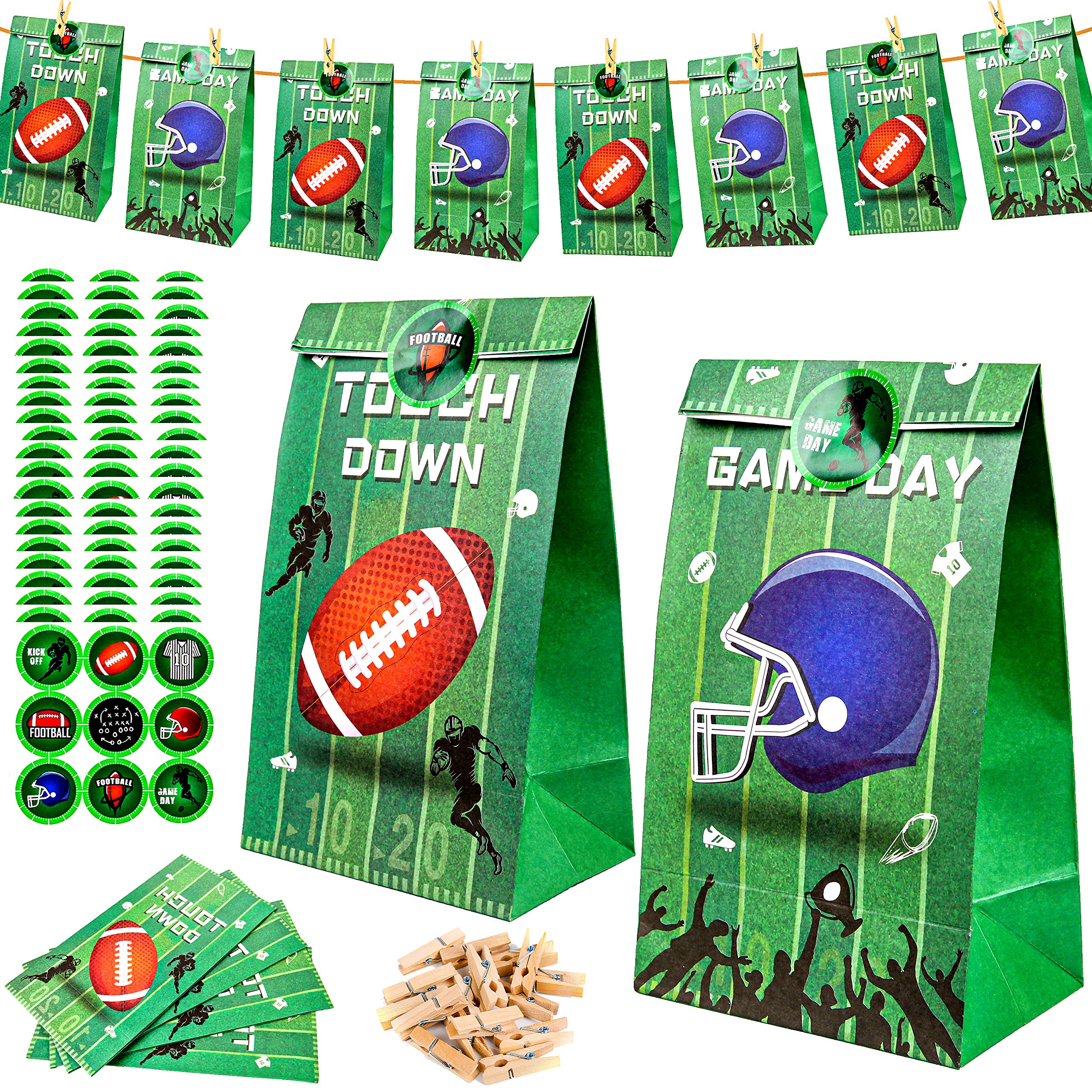 **PROLOSO 24 Pack Football Party Favor Bags with Stickers, Clips & Rope - Rugby Sports Treat Bags for Candy & Gifts - Football Theme Party Supplies for Kids, Birthday, Game Day & Tailgating**