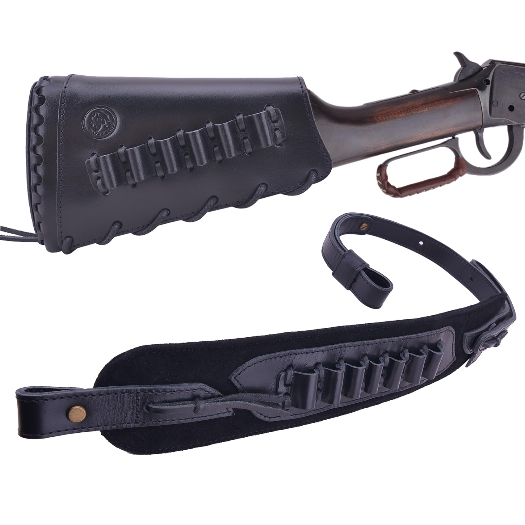 Premium Handmade Leather Rifle Buttstock Cover with Adjustable Gun Sling & Ammo Shell Holder - Hunting, Shooting Range & Outdoor Sports Accessory