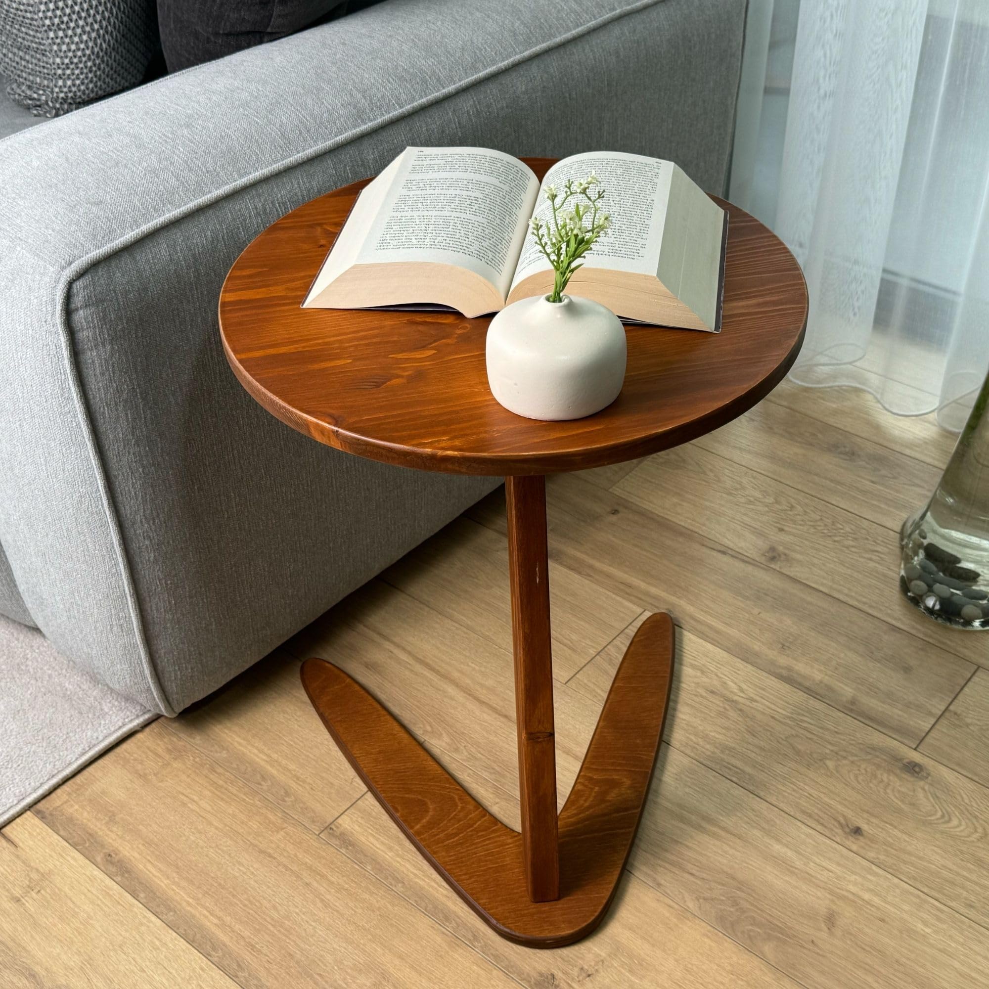Handmade C-Shaped End Table - Rustic Chestnut Sofa Side Table for Living Room, Sliding Under Couch for Space Saving | Perfect for Small Apartments, Bedside Use & TV Snack Tray
