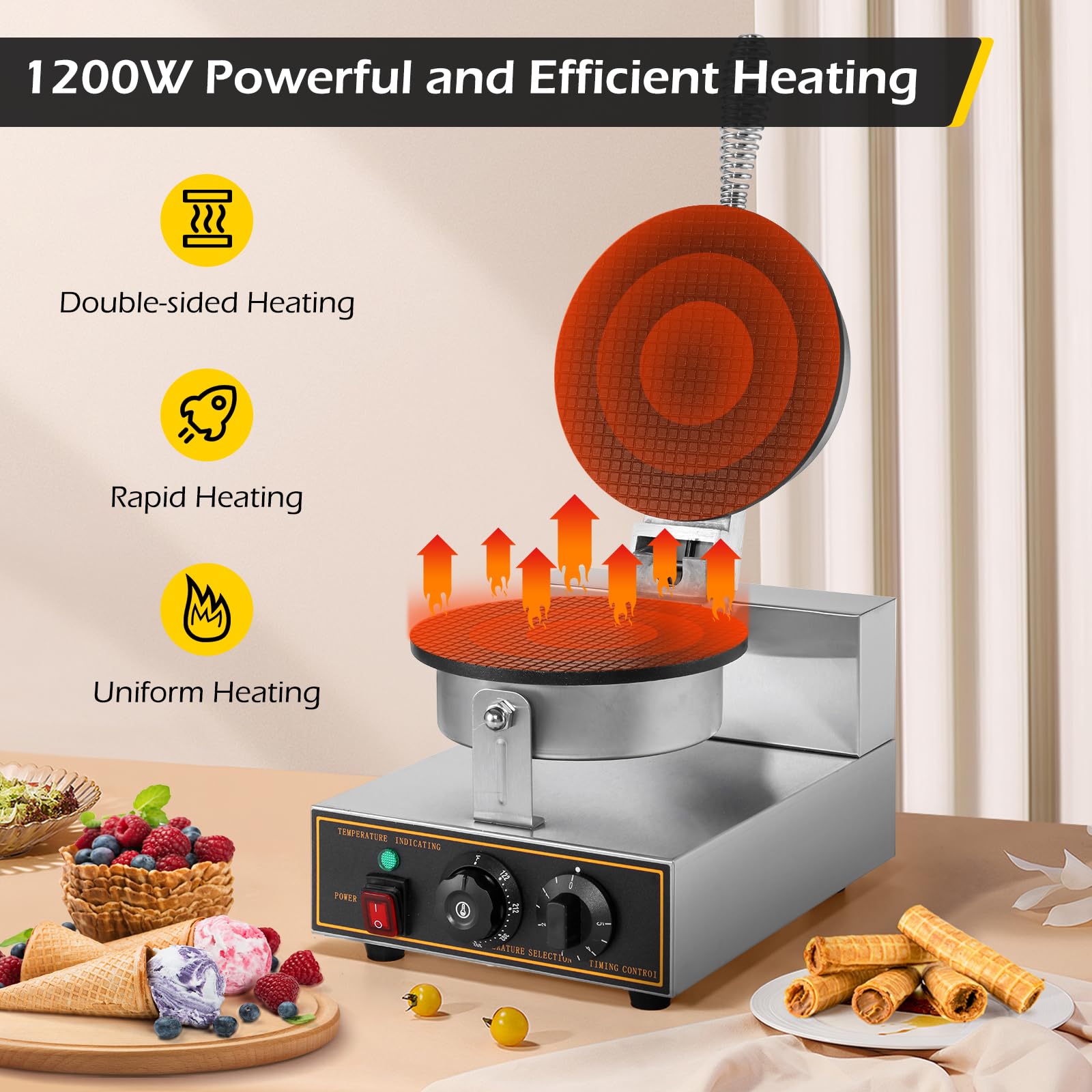 Dyna-Living Commercial Ice Cream Cone Maker – 110V Electric Waffle Cone & Bowl Machine, Stainless Steel Non-Stick Egg Roll Mold – 1200W for Home, Restaurants, Bakeries, and Ice Cream Shops