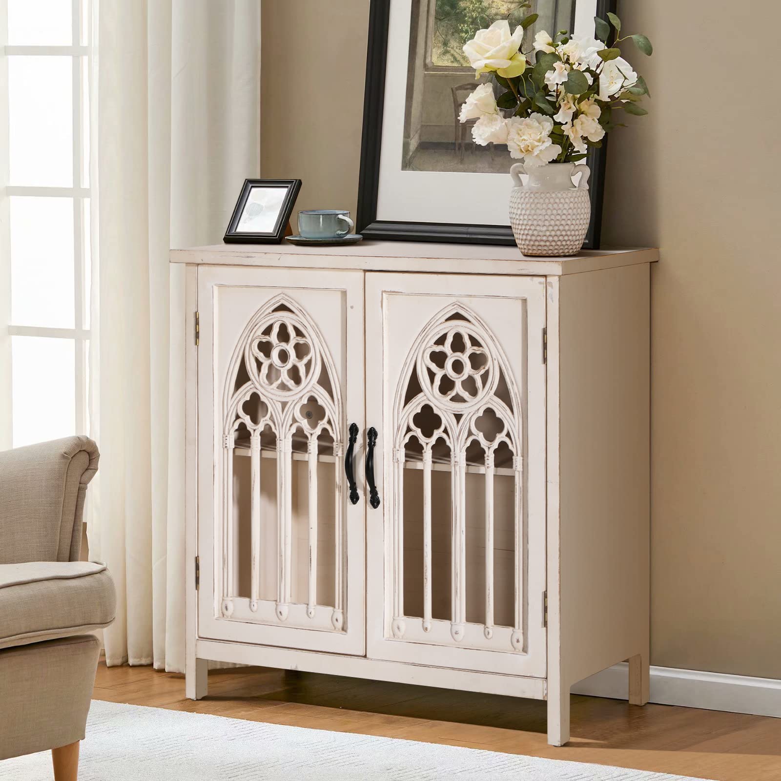 MAISON ARTS 2-Door Accent Cabinet - Farmhouse Style Distressed Wood Storage Cabinet with Hollow Church Window Design - Entryway, Living Room, Bedroom & Kitchen Sideboard Buffet for Home Decor & Organization
