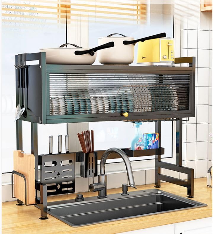 AWOKZA 3-Tier Over The Sink Dish Drying Rack with Cover - Space Saving Kitchen Organizer for Dishes, Glasses, Bowls & Cutlery - Perfect for Small Kitchens, Apartments & RV Use (2 Layer)