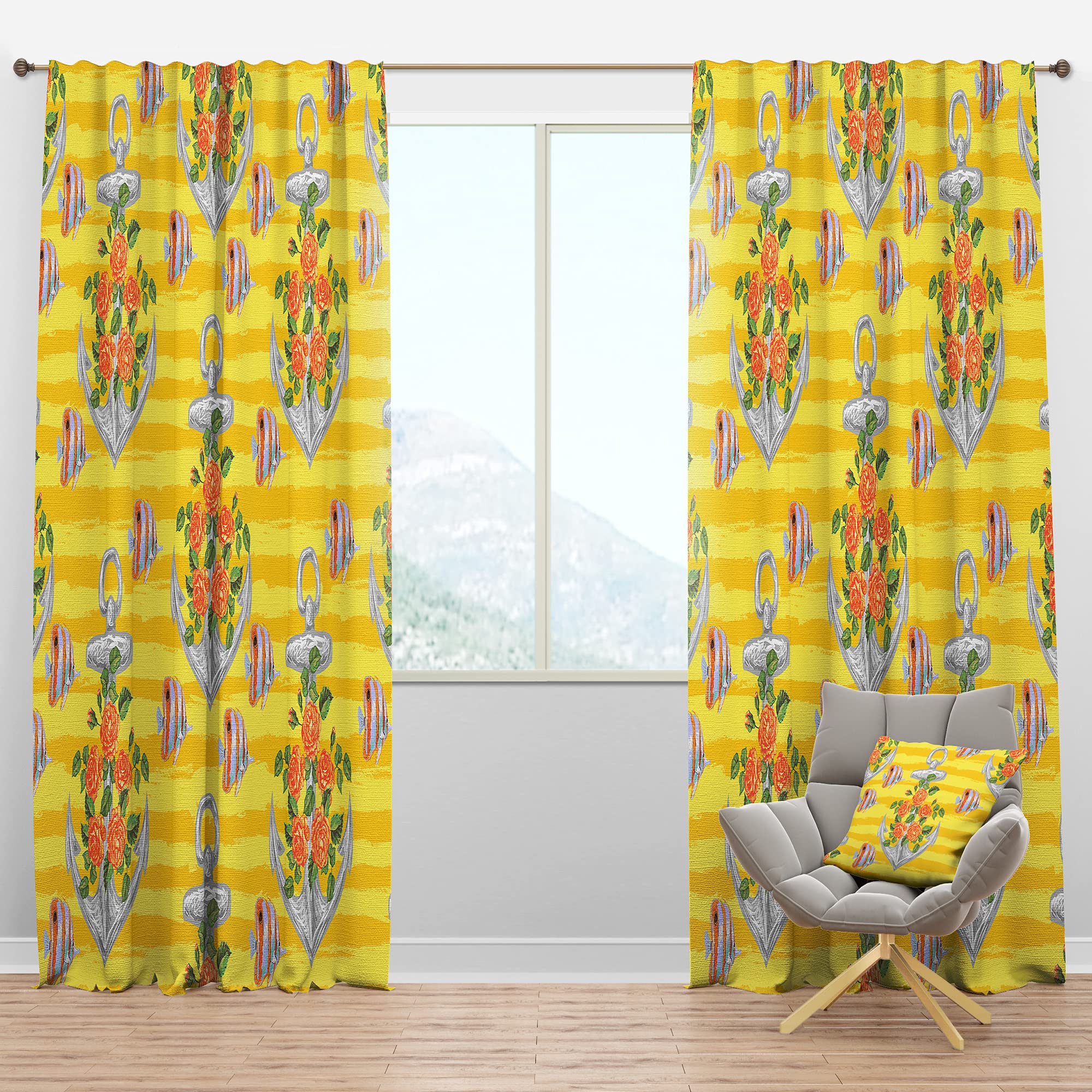 DesignQ Blackout Curtains - Yellow Anchor Pattern Thermal Insulated Single Panel (52x95 inches) - Perfect for Bedroom & Living Room - Block Light, Reduce Noise & Save Energy