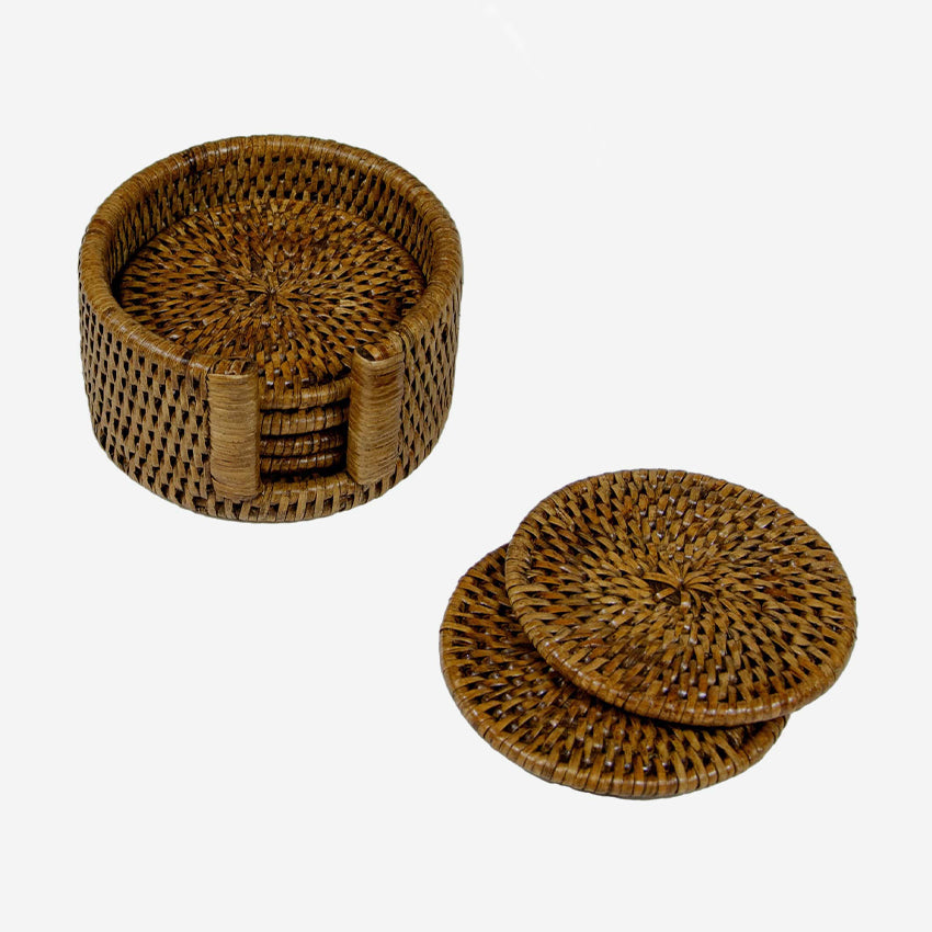 Caspari Rattan Round Coaster Holder - Natural Woven Coaster Set for Drinks, Cups & Glasses - Perfect for Home, Kitchen, Bar & Outdoor Entertaining