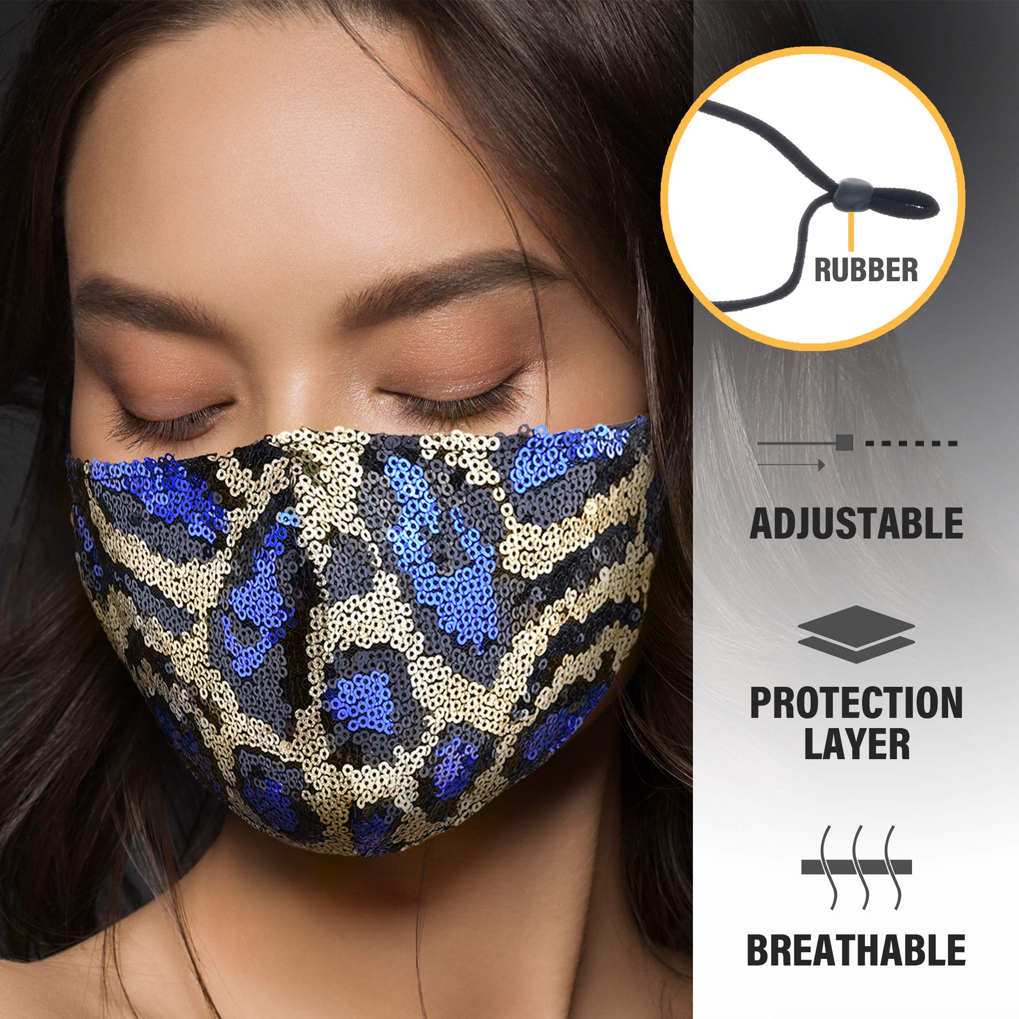 Blue Animal Print Shiny Sequin Fashion Face Mask - Reusable Glamorous Party Accessory for Halloween, Cosplay, and Special Events