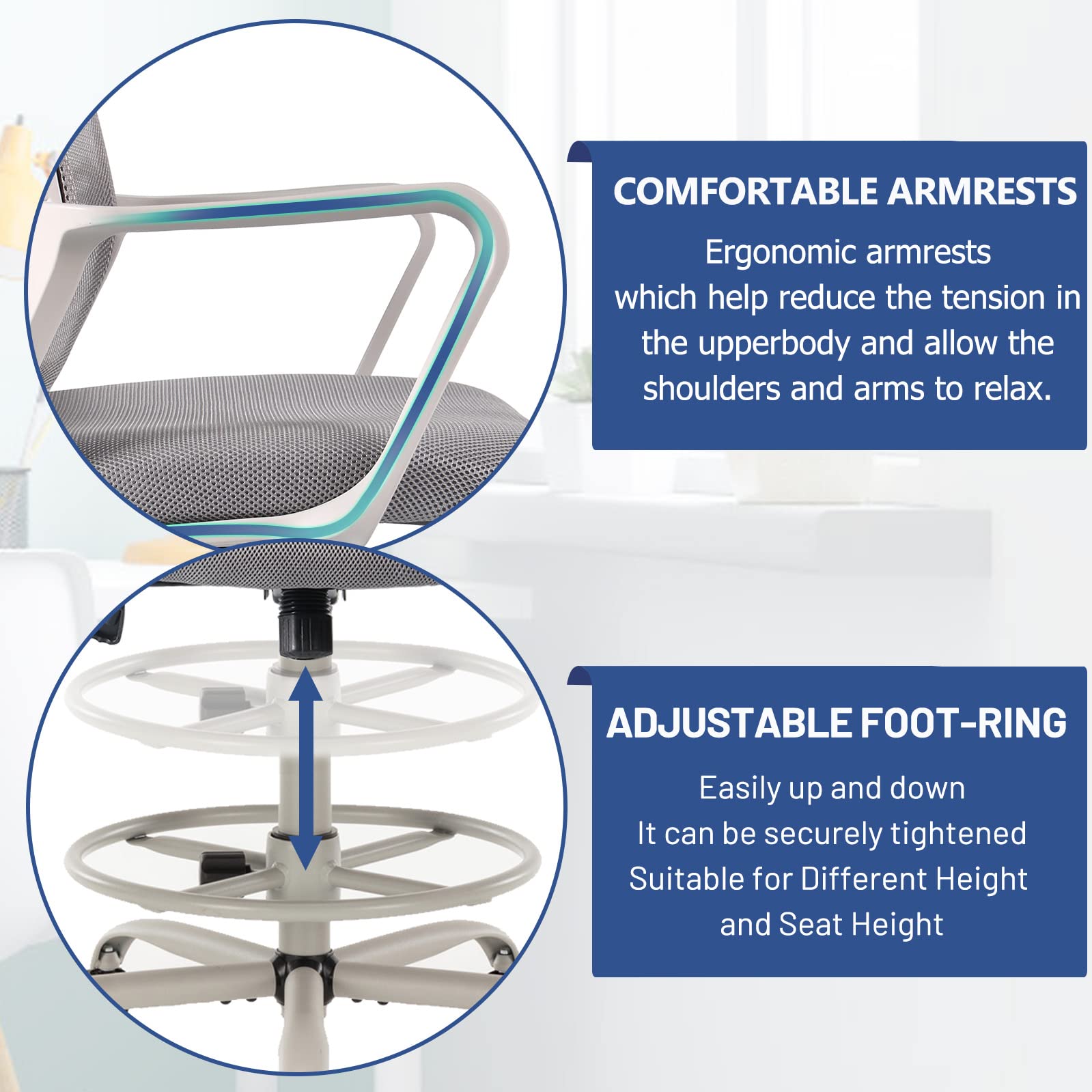 Ergonomic Drafting Chair - Adjustable Height Office Chair with Mesh Back, Armrests & Foot Ring - Tall Computer Task Chair for Standing Desks & Bar Counters - Perfect for Artists, Designers & Home Office Workspaces