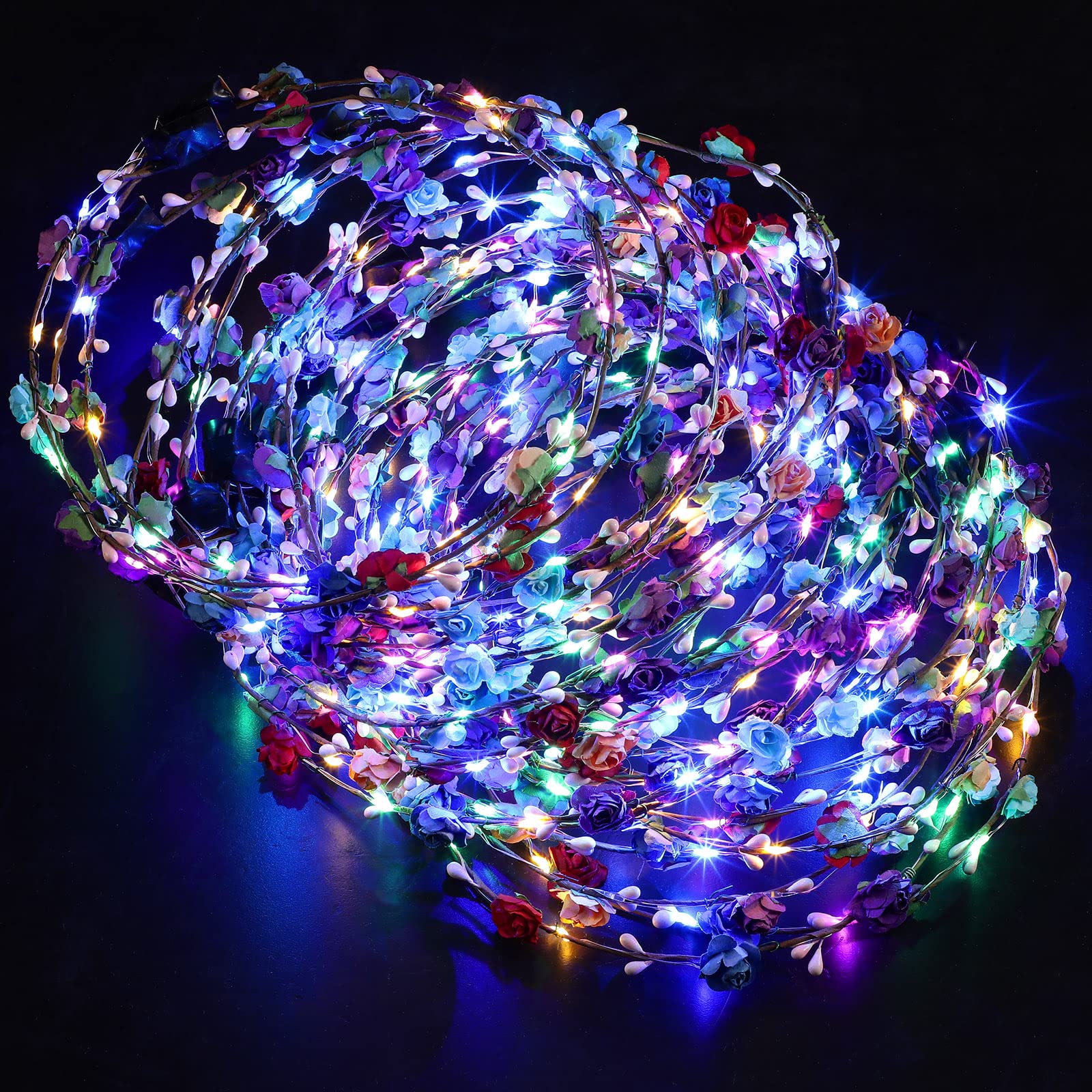 70 Pcs LED Floral Crown Headband - Light Up Flower Wreath Hair Accessories for Women, Glow in the Dark Tiara for Wedding, Party, Festival & Cosplay | Perfect for Brides, Bachelorette, Halloween & Rave Events