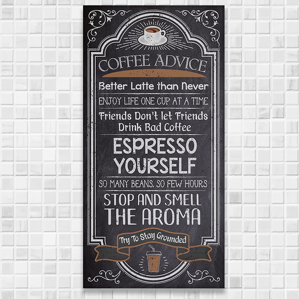 Extra Large 24x48 Coffee Advice Espresso Yourself Chalkboard Wood Style Vertical Stretched Canvas - Classic Coffee Bar Decor, Kitchen Table Accessories, Farmhouse Display | Perfect for Coffee Shops, Home Kitchens & Rustic Cafés