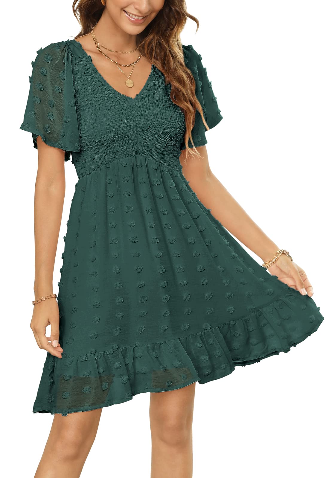 Annebouti Women's 2025 Spring Summer Mini Dress - Smocked Swiss Dot Babydoll Dress with Short Sleeves, Casual Flowy Dress for Beach, Picnic & Date Night