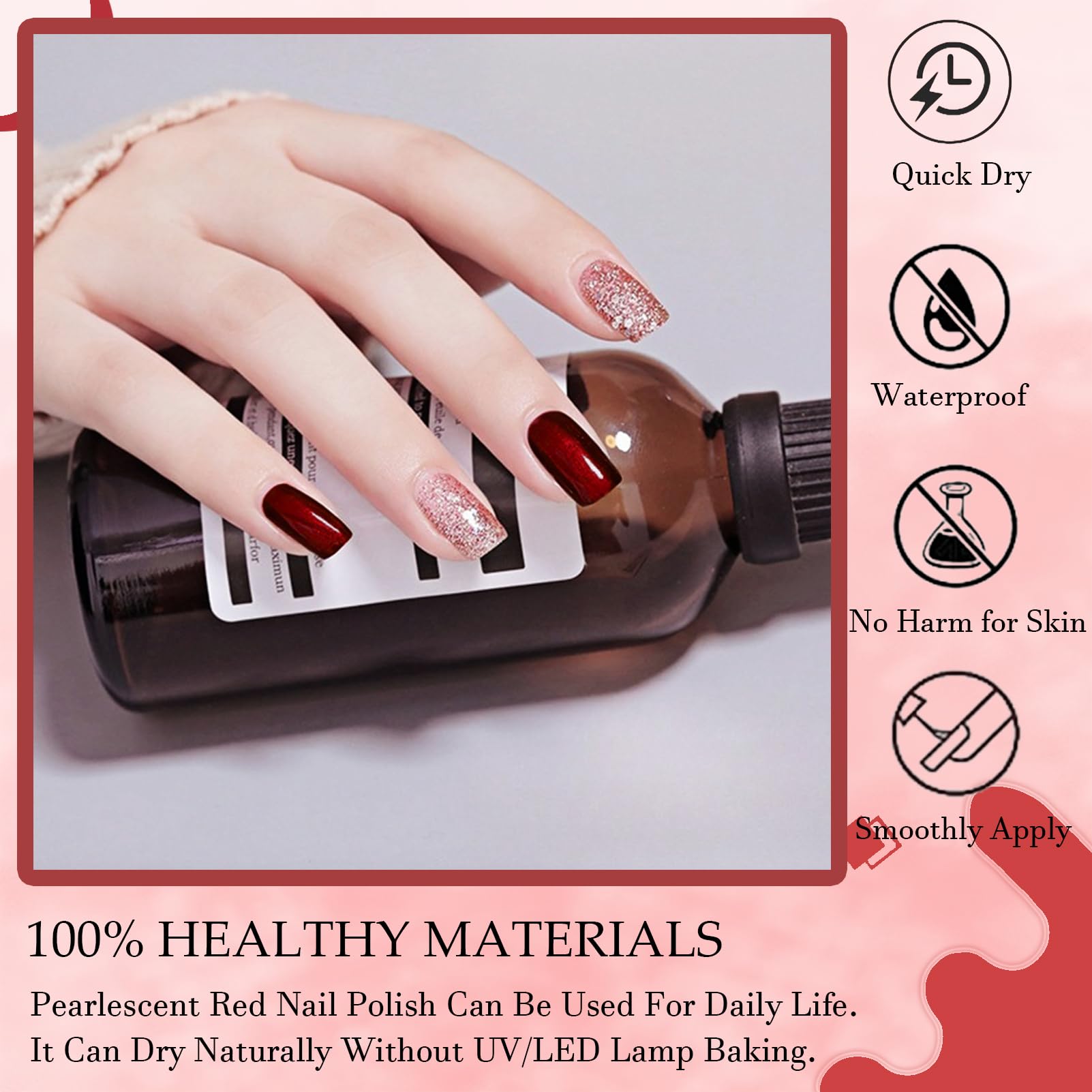 Pearl Gel Nail Polish - Deep Blood Red Shimmer Nail Color | No UV/LED Lamp Needed | Air Dry Formula for Beginners | 12ml DIY Home Manicure Kit | Perfect for Parties, Weddings & Special Occasions