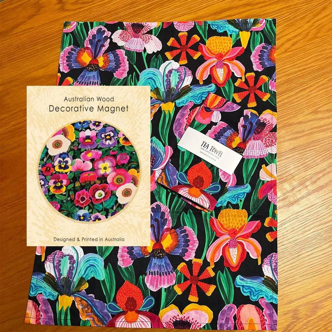 Irises & Pansies Tea Towel and Wooden Fridge Magnet Gift Set - Floral Kitchen Decor for Home, Housewarming, and Hostess Gifts