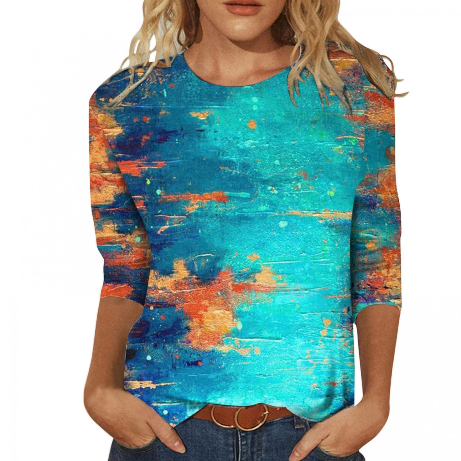 FABIURT Women's Summer Tops - Floral Print 3/4 Sleeve O-Neck Tunic Shirt | Casual Loose Fit Dressy T-Shirts for Women | Perfect for Beach Outings, Summer Vacations & Casual Wear