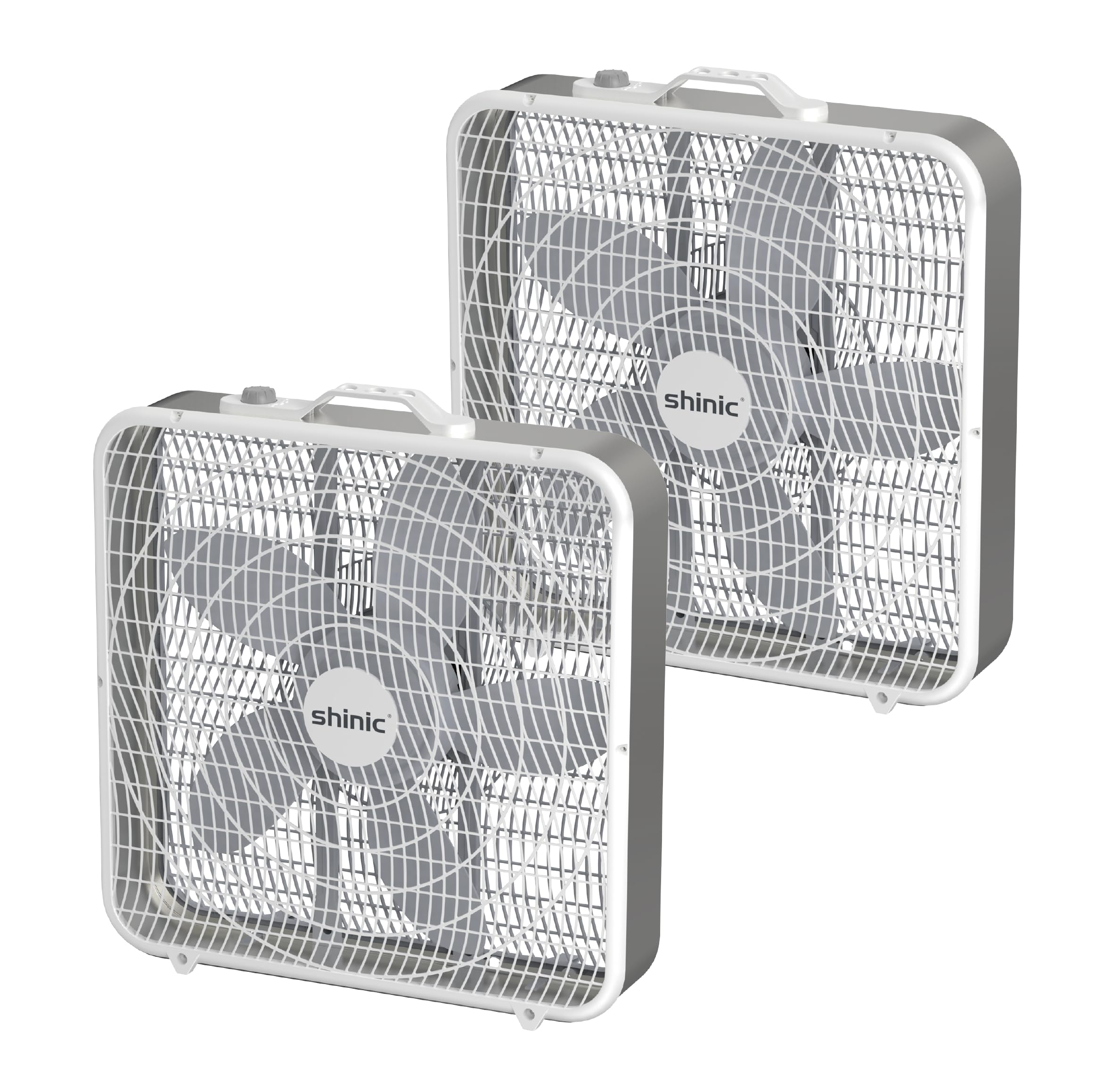 Shinic 20 Inch 3-Speed Box Fan with Safety Grills - Powerful Air Circulation Cooling Fan for Home, Garage & Workshop - Easy Carry Handle, White (2 Pack) - Perfect for Indoor Cooling, Ventilation & Airflow Improvement