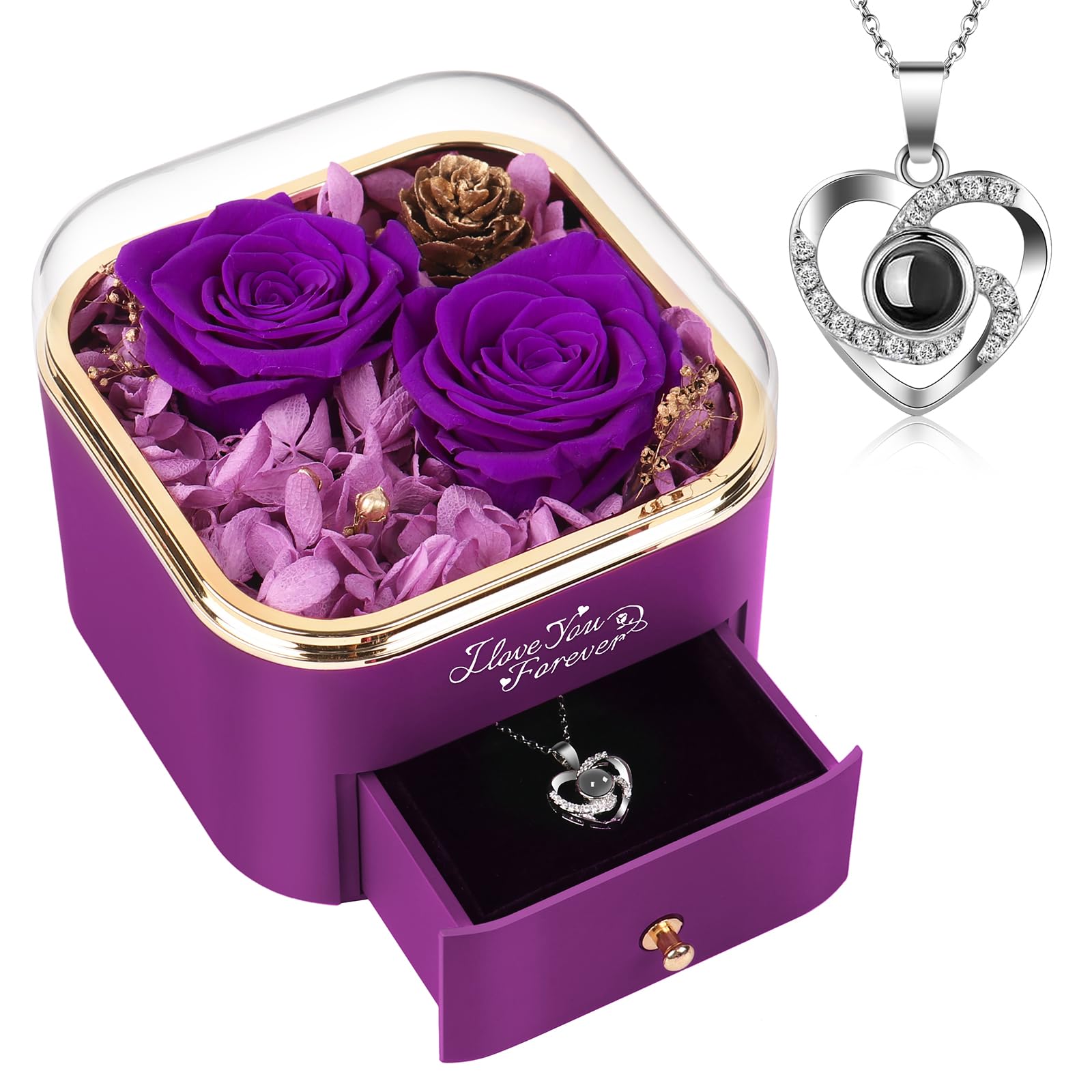 DEEMEI Preserved Real Purple Rose with Heart Necklace - Eternal Flower Gift for Women, Mom, Wife, Girlfriend | Perfect for Mother's Day, Birthday, Anniversary | Romantic Home Decor & Special Occasion Gift