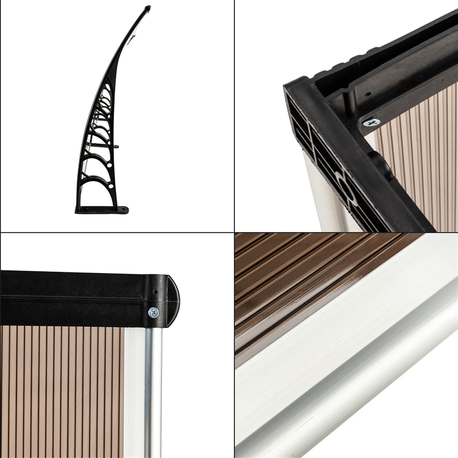 300 x 96cm Waterproof Outdoor Door Awning - Brown Polycarbonate Panels with Black Aluminum Holder - Perfect for Porch, Patio, Window & Eaves Protection - UV Resistant & Weatherproof Canopy for Home & Garden Use