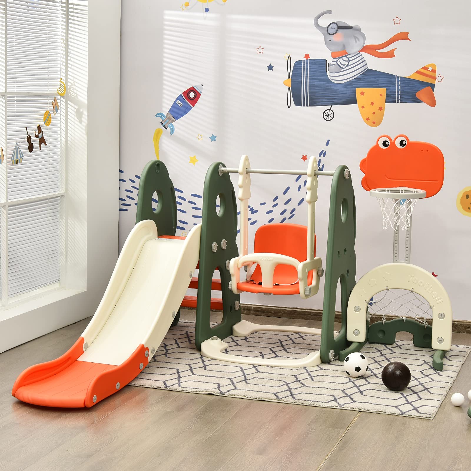 Costzon 6-in-1 Toddler Slide & Swing Set - Large Kids Climber Playset with Basketball Hoop, Soccer Goal & Golf Hole - Indoor/Outdoor Backyard Playground Equipment for Ages 2-12 - Perfect Birthday & Holiday Gift for Active Children (Great for Backyards, Parks & Daycare Centers)