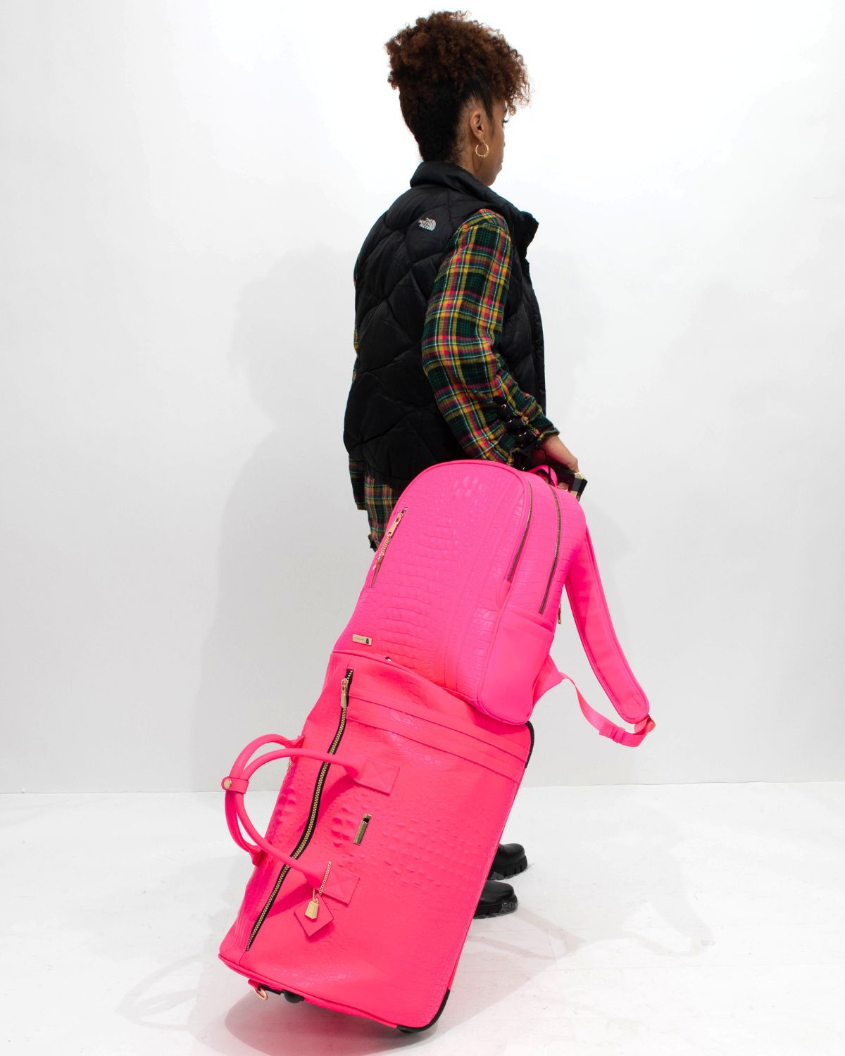 **Apollo 2-in-1 Backpack & Rolling Duffle Bag Set - Neon Pink | Lightweight Travel Luggage for Gym, School & Weekend Trips**