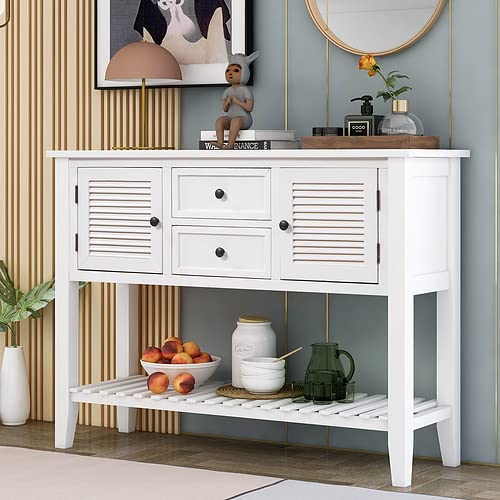 Vintage Console Table with Shutter Doors - 2 Storage Drawers & Bottom Shelf - Entryway, Living Room Furniture - White - Perfect for Hallway Decor & Small Space Storage Solutions