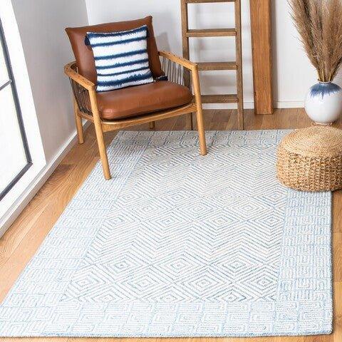 Blue & White Hand Tufted Geometric Wool Area Rug - Soft & Durable Living Room Carpet for Modern Home Decor