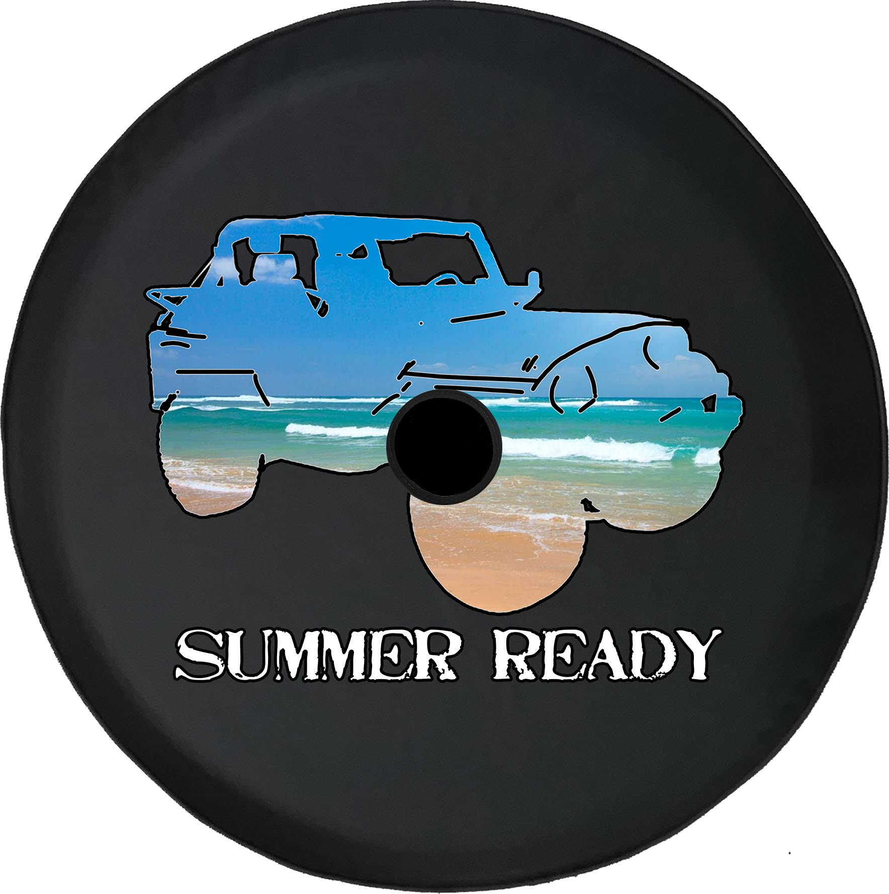 32 Inch Black Beach-Themed Trailer Tire Cover with Backup Camera Hole - Durable Tire Accessories for Trucks, SUVs, Campers & RVs - Perfect for Summer Travel, Road Trips & Coastal Adventures