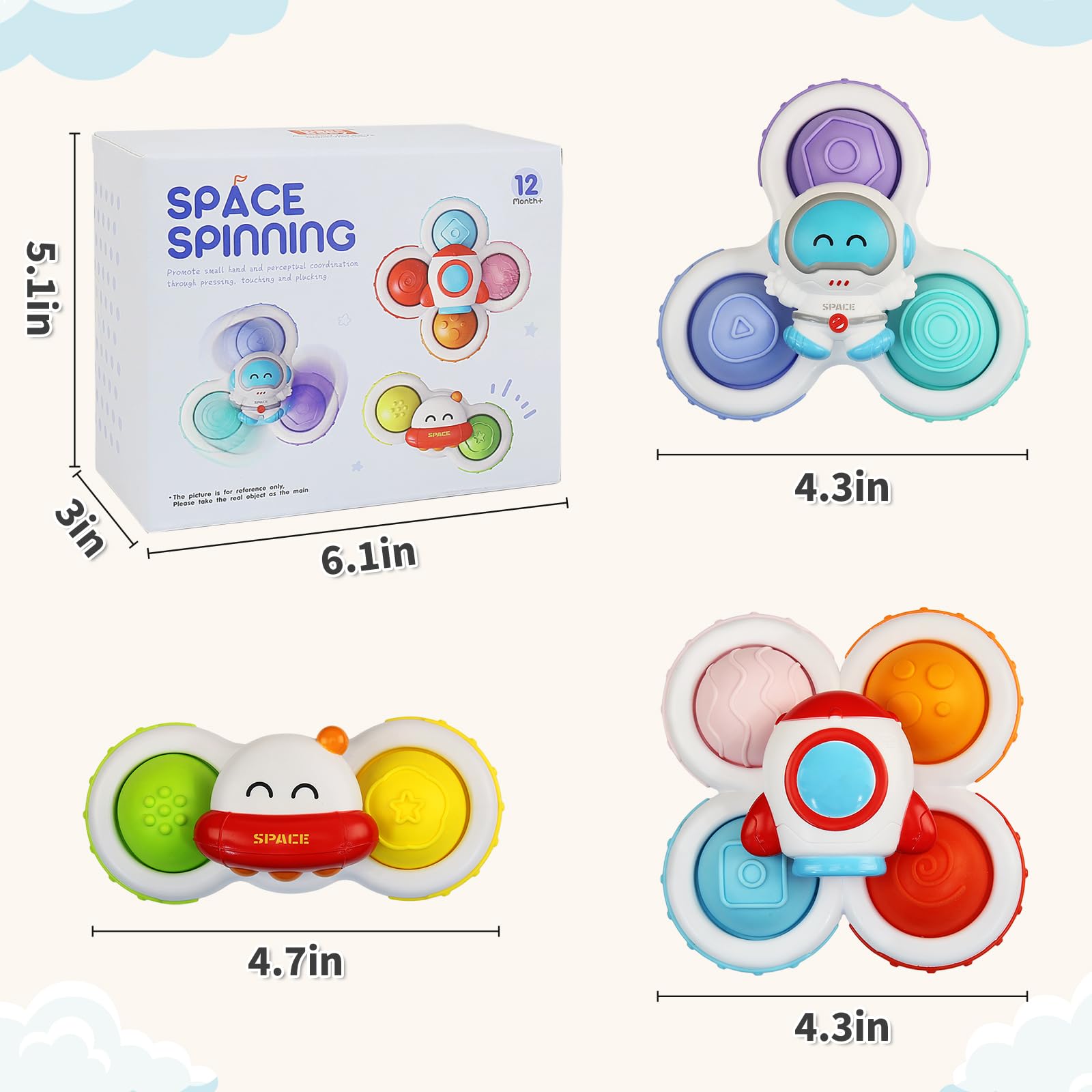 Sensory Toys for Toddlers 1-3 Years Old - 3 Pack Suction Cup Spinning Top Toys for Babies 12-18 Months | Fun Developmental Learning Toys for Boys & Girls | Perfect Gift for Birthday & Christmas (Spaceship Series) - Great for Sensory Play, Fine Motor Skills Development & Early Learning Activities