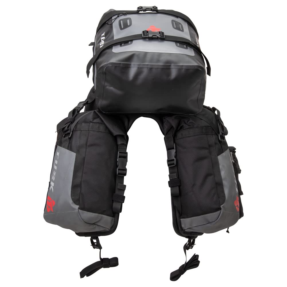TUSK Excursion Rackless Motorcycle Luggage System with Small Dry Duffel Bag & Water Bottle Holders - Standard Heat Shield, Black/Grey - Perfect for Adventure Riding, Touring & Long-Distance Motorcycle Trips