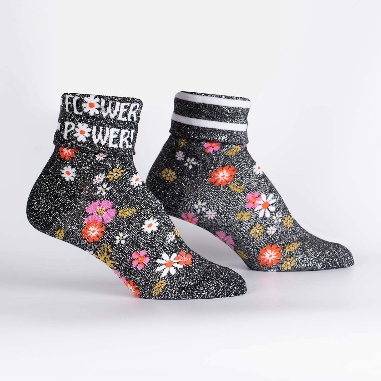 Sock It To Me Flower Power Turn Cuff Crew Socks - Women's Fun Printed Knee High Socks for Casual Wear, Workout & Costume