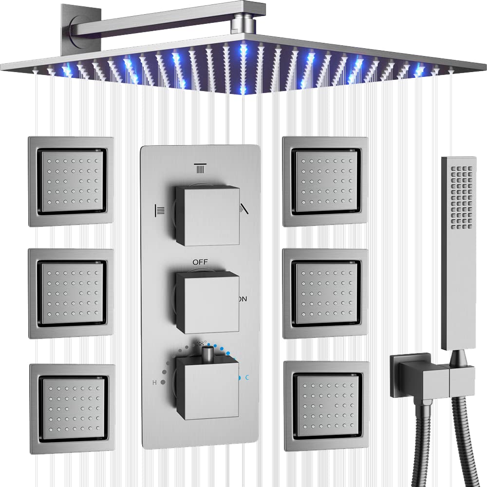 KATAIS 12 Inch LED Rainfall Shower System - Brushed Nickel Wall Mount Thermostatic Shower Faucet Combo Set for Modern Bathroom | Perfect for Spa-Like Experience & Water Conservation