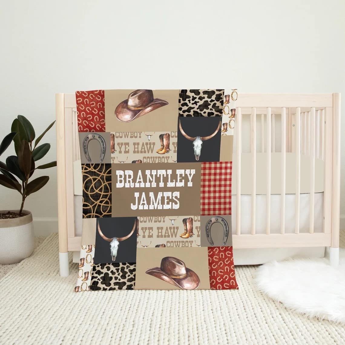 NAZENTI Personalized Cowboy Baby Blanket - Soft Western Blanket for Boys & Girls - Custom Name Crib Bedding - Rodeo Toddler Blanket for Nursery, Gift & Photo Shoots