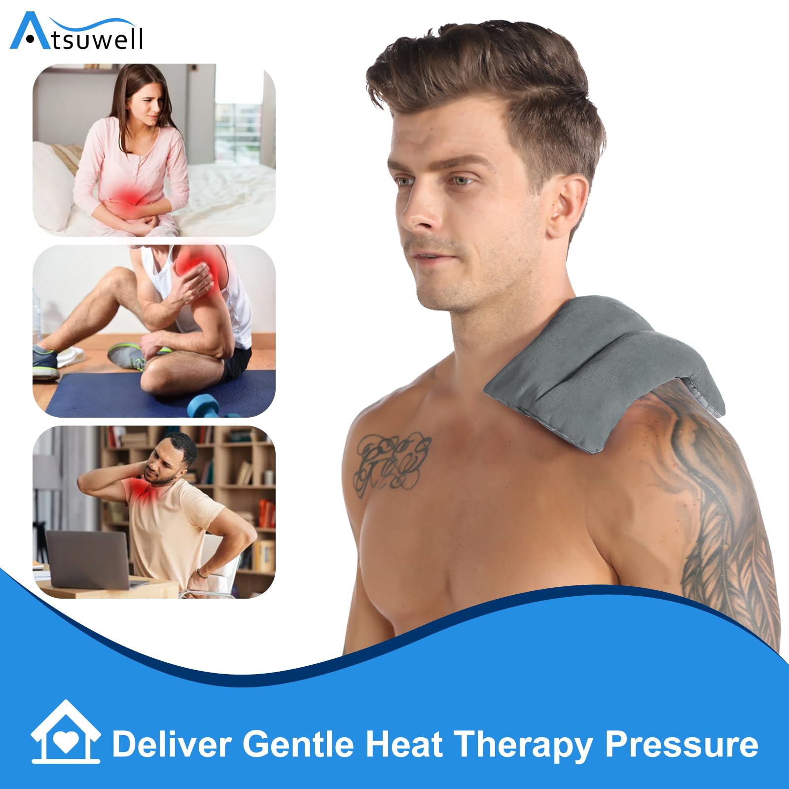 Atsuwell Microwaveable Heating Pad for Pain Relief - 6x11 Inch Reusable Warm Compress for Cramps, Knee Pain, Muscle & Joint Relief - Unscented Moist Heat Therapy Pack for Relaxation (Grey) - Perfect for Home Use, Office Comfort & Post-Workout Recovery