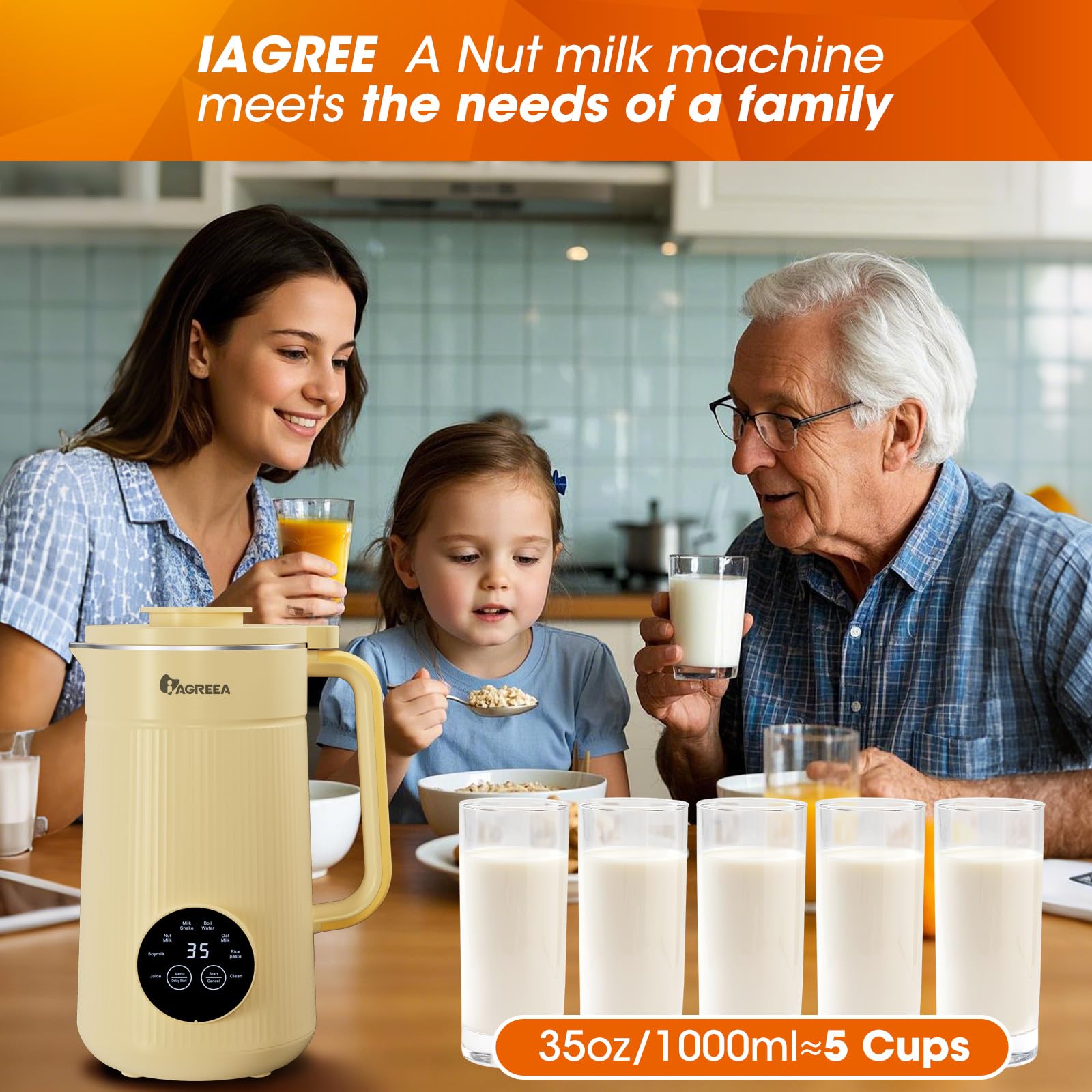 IAGREEA 35oz Nut Milk Maker Machine - 8-in-1 Electric Blender for Homemade Almond, Soy, Rice & Nut Milks - Automatic Baby Food Maker with Delay Start & Boil Function - Perfect for Home, Kitchen & Pantry - Great for Healthy Breakfasts, Baby Nutrition & Vegan Recipes