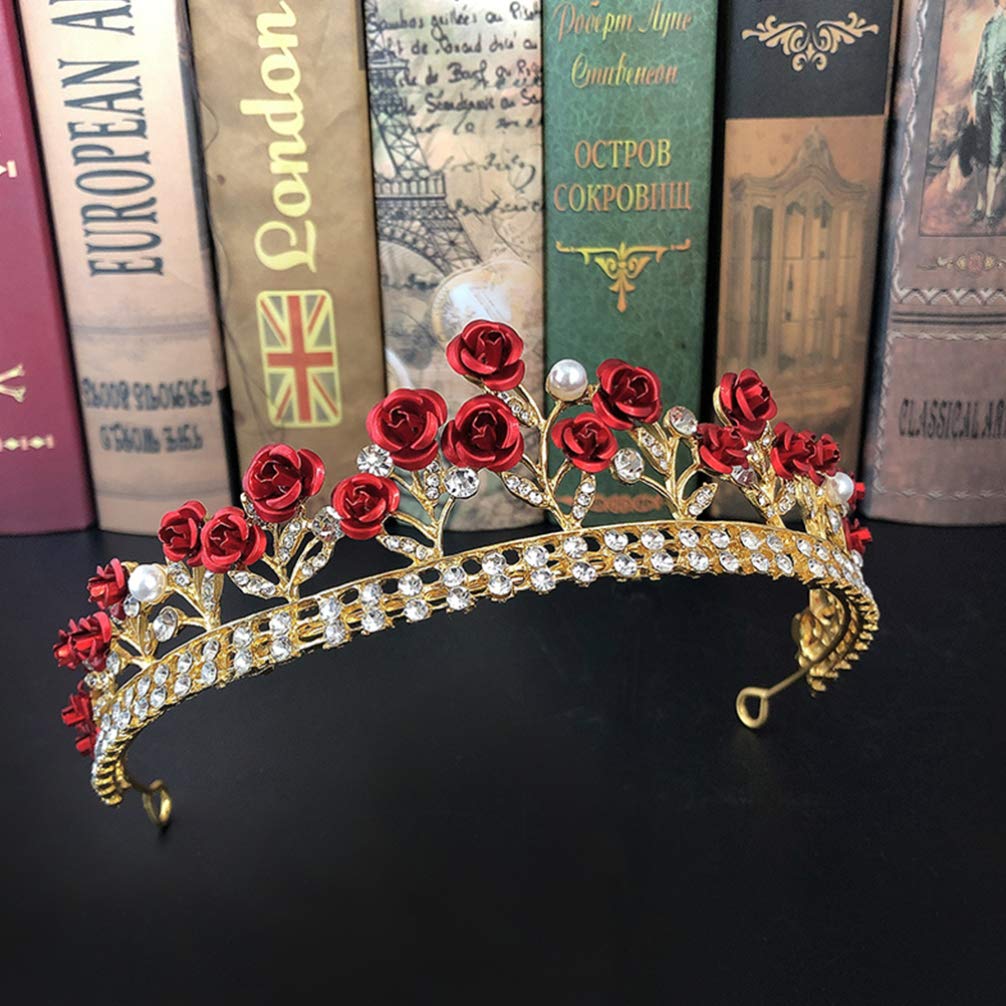 Baroque Rhinestone Wedding Tiara Crown for Women - Red Rose Bridal Headpiece for Birthday Party, Flower Girl, Bride & Special Occasions | Elegant Hair Accessory for Weddings, Prom, Pageants & Photo Shoots
