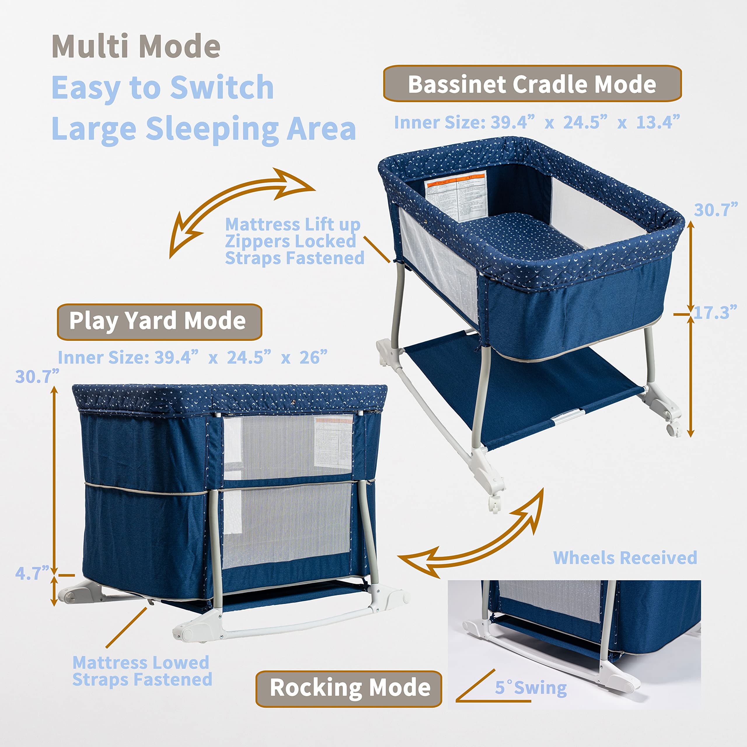 Portable 3-in-1 Baby Bassinet on Wheels - Adjustable Bedside Sleeper, Rocking Crib & Playard with Breathable Mesh, Detachable Mosquito Net, Vibration Music Box & Night Light (Navy Blue) - Perfect for Nursery, Bedroom & Travel Use