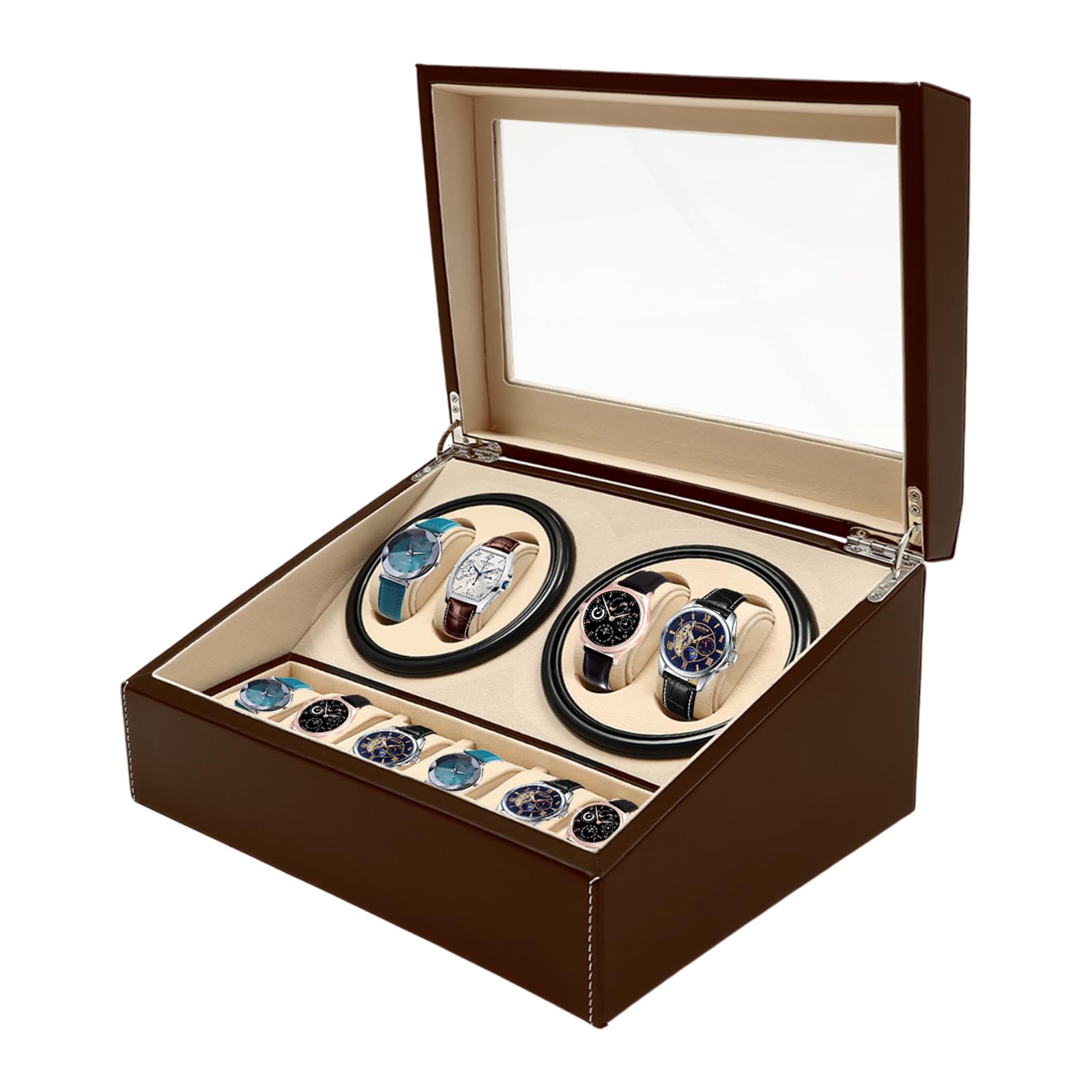 Automatic Watch Winder for 4-6 Watches - Rotating Display Case with Genuine Leather Storage Box for Men & Women (Brown) | Perfect for Watch Collection, Display & Protection at Home or Office
