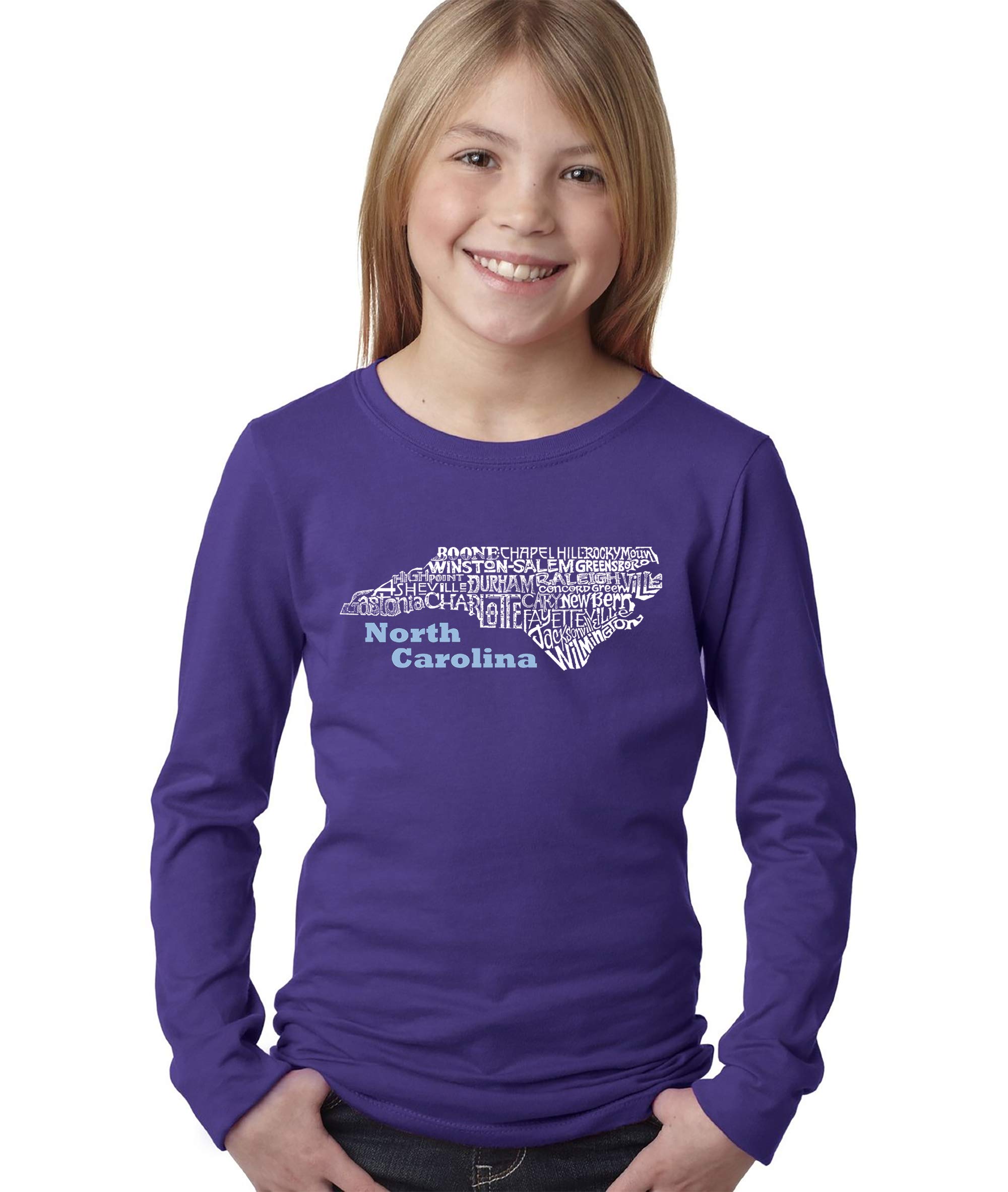 LA POP ART Girls' Word Art Long Sleeve T-Shirt - North Carolina Graphic Tee for Women | Trendy Casual Outfit for School, Travel & Streetwear Fashion